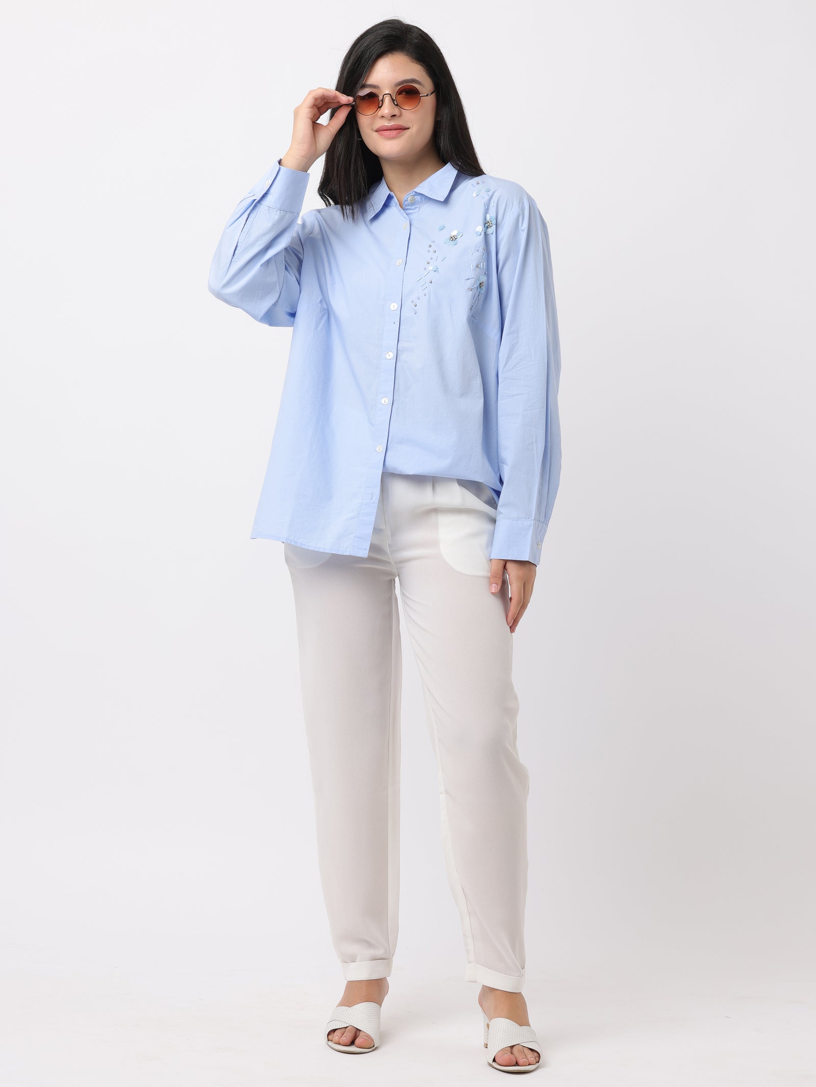 Women Blue Embroidered Comfort Fit Shirt