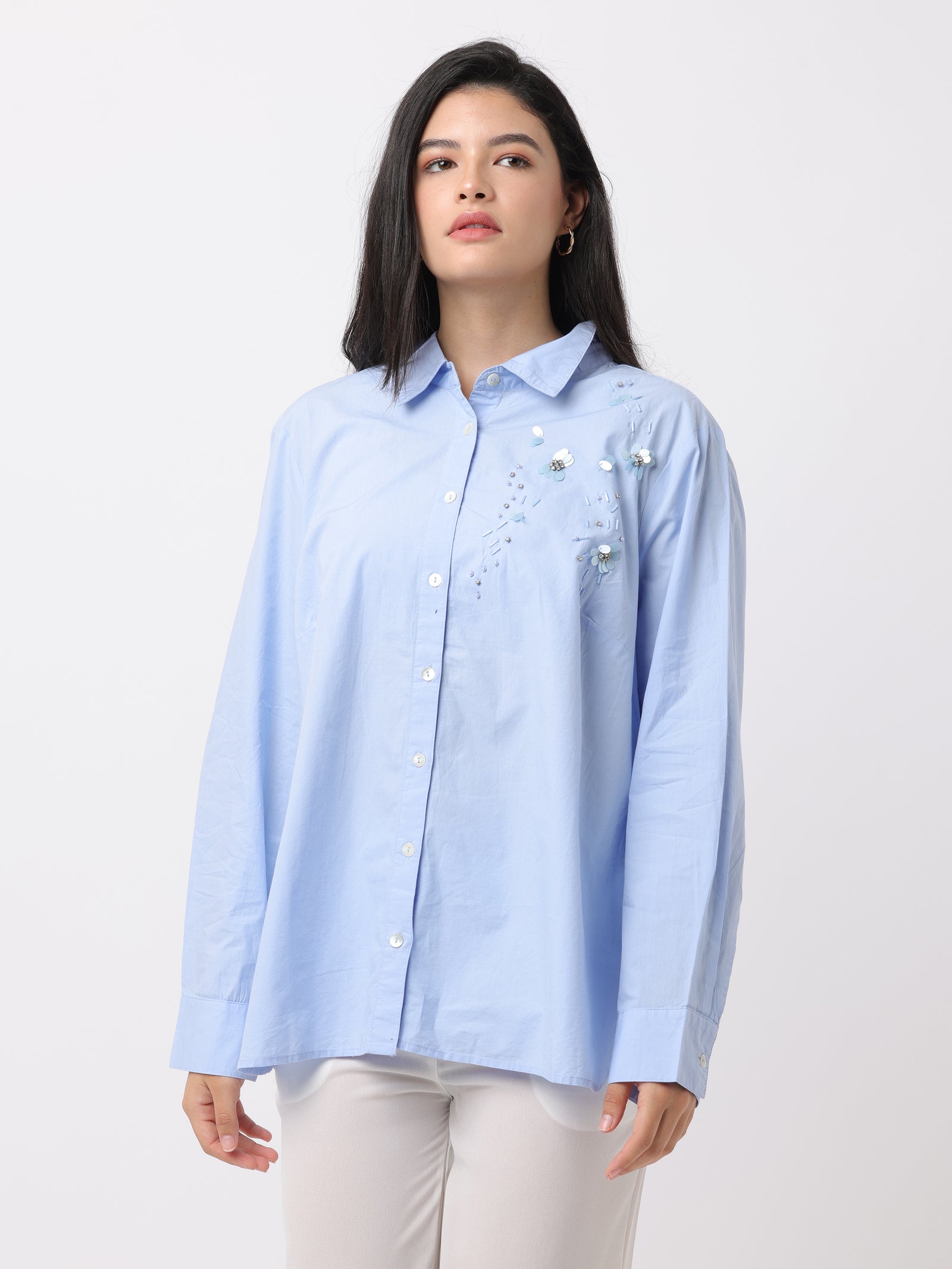 Women Blue Embroidered Comfort Fit Shirt