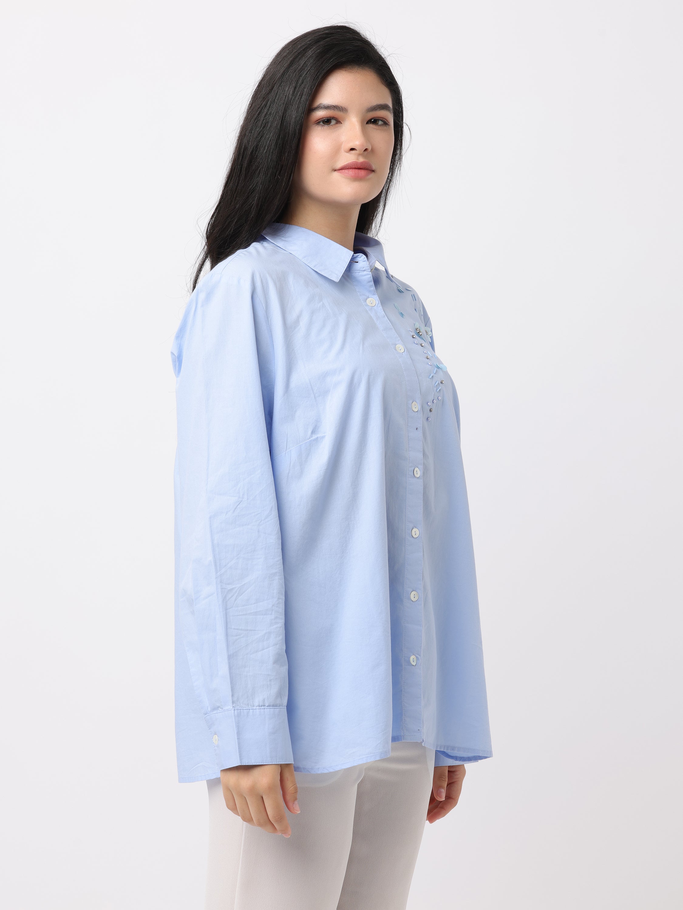 Women Blue Embroidered Comfort Fit Shirt