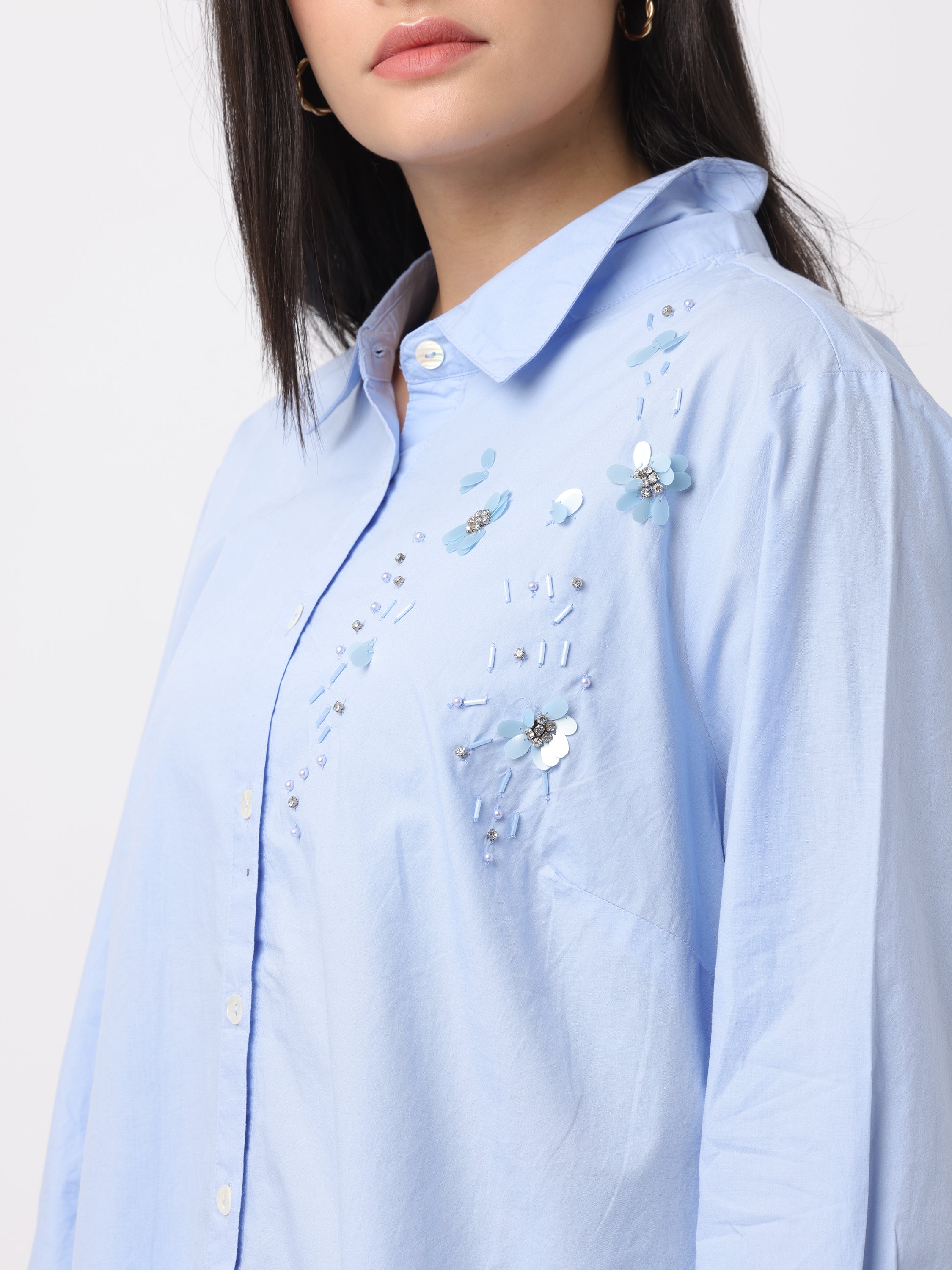 Women Blue Embroidered Comfort Fit Shirt