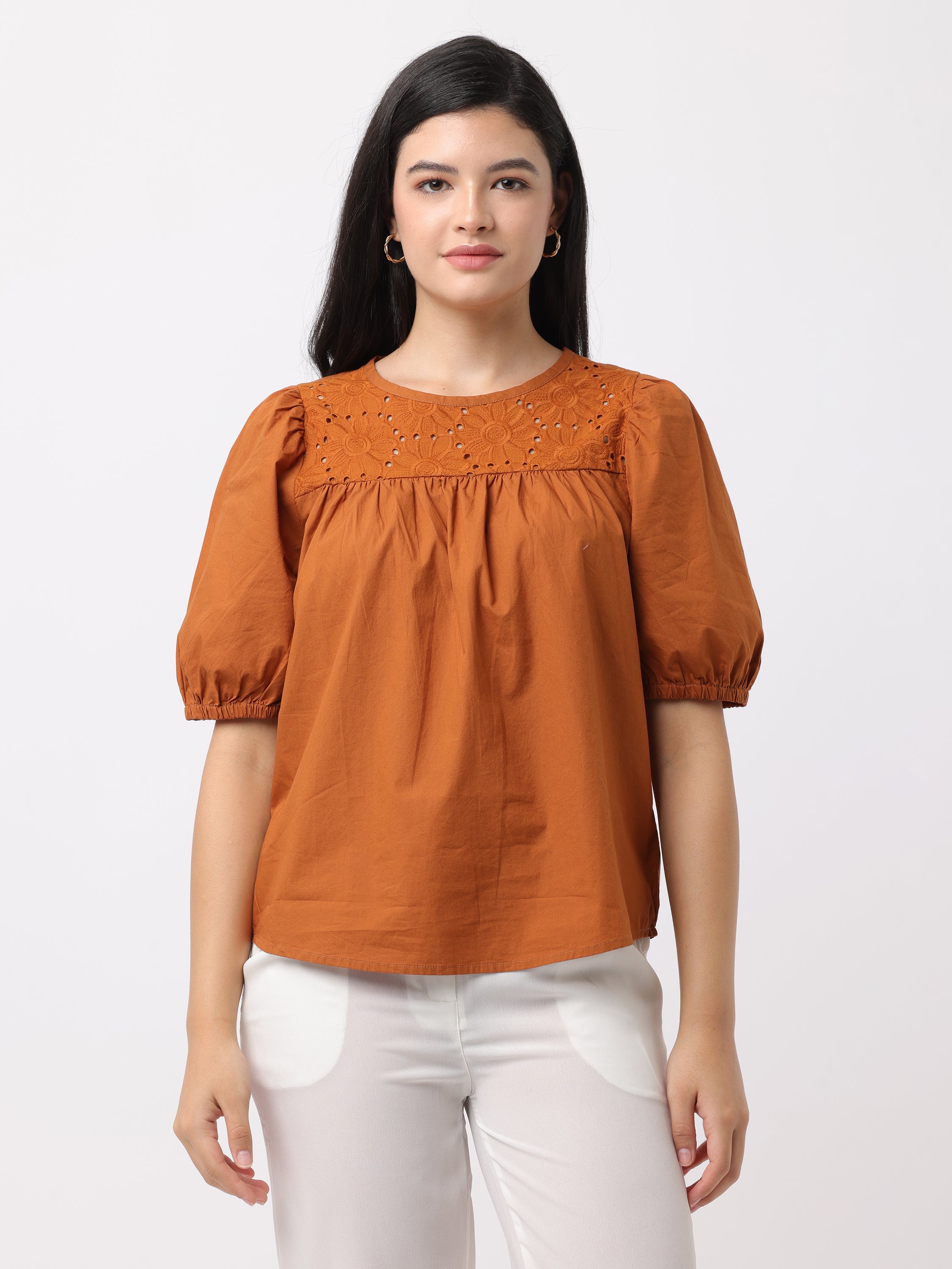 Women Brown Top with Shiffli Yoke