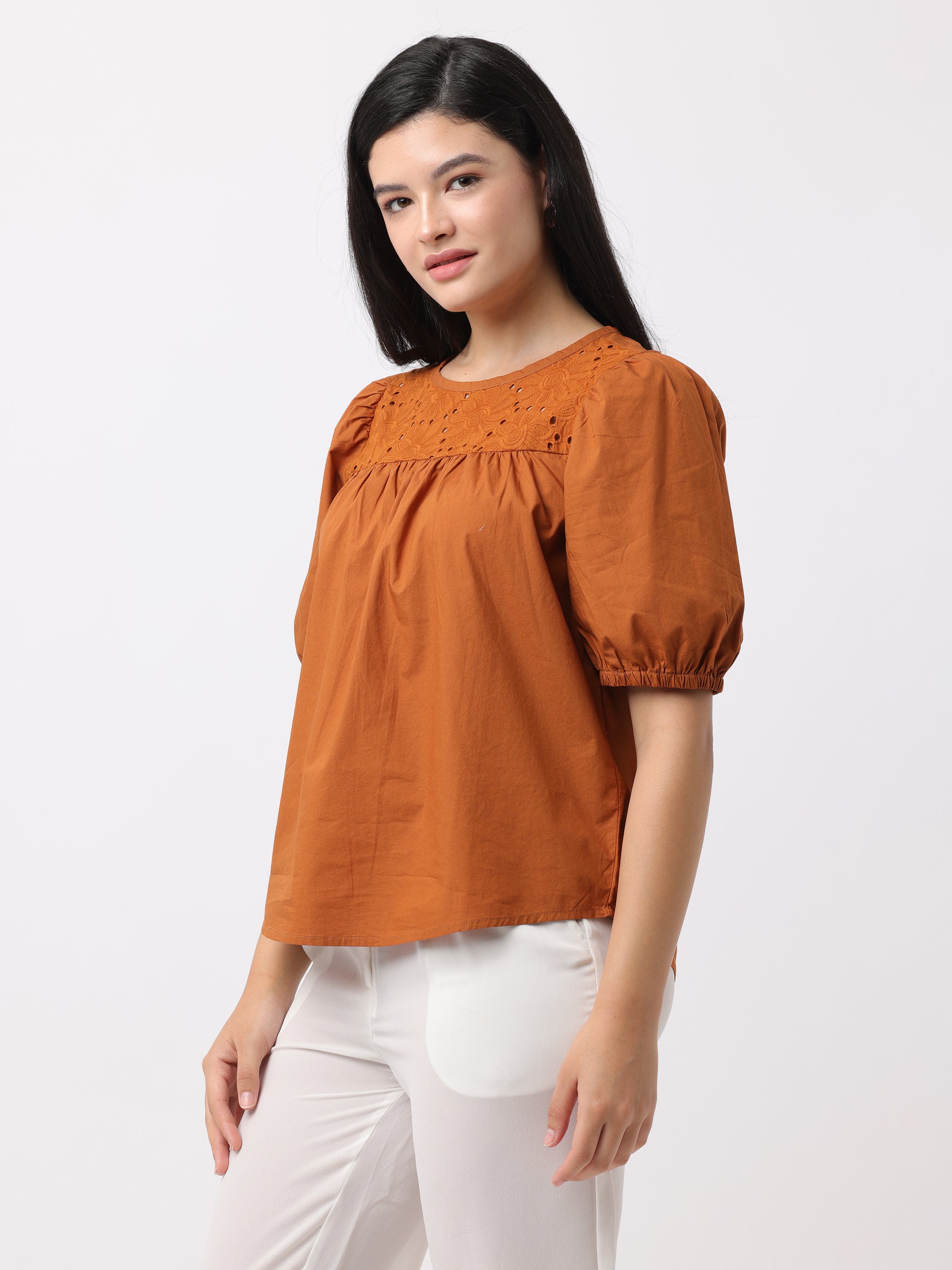 Women Brown Top with Shiffli Yoke