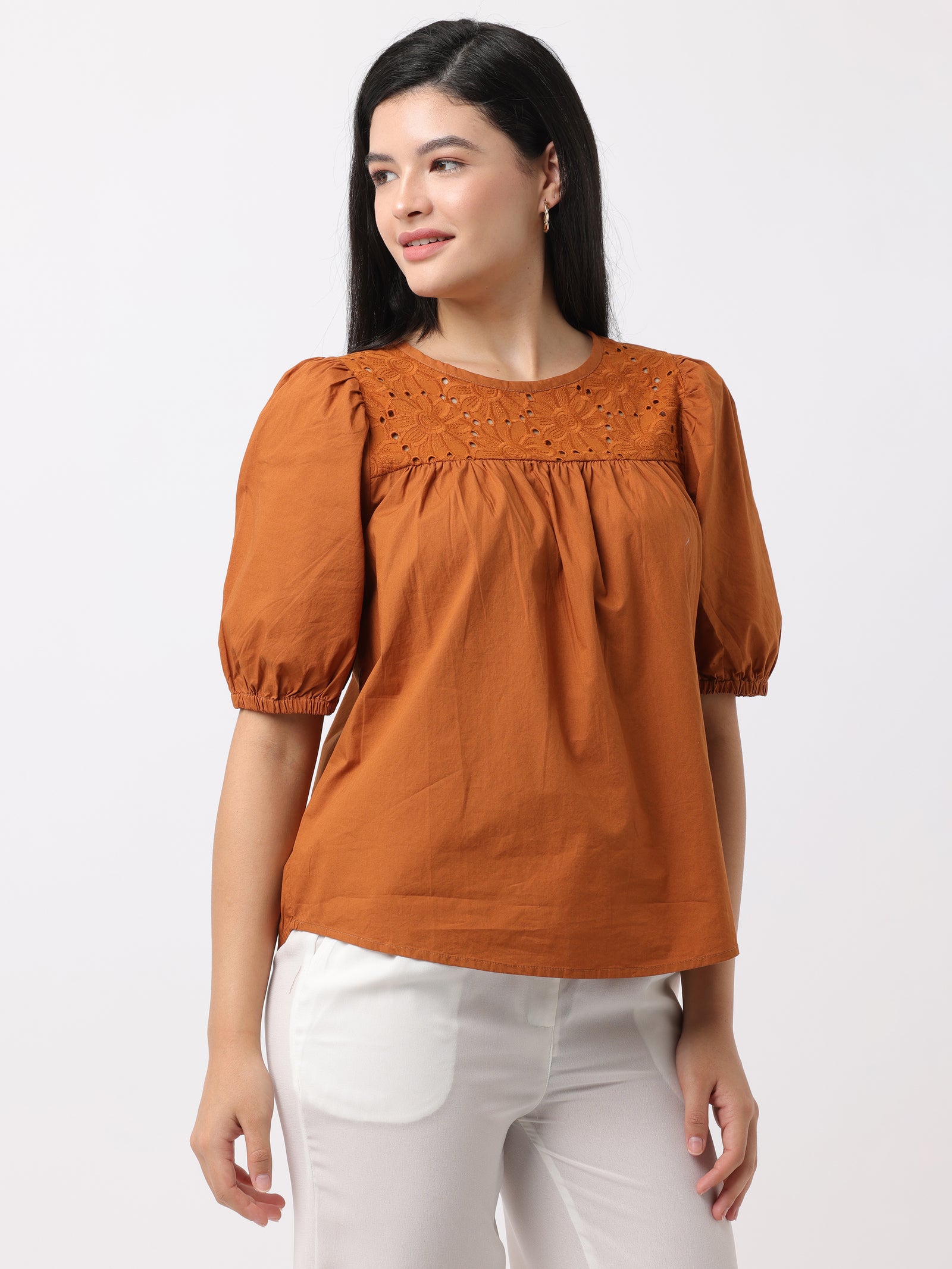 Women Brown Top with Shiffli Yoke