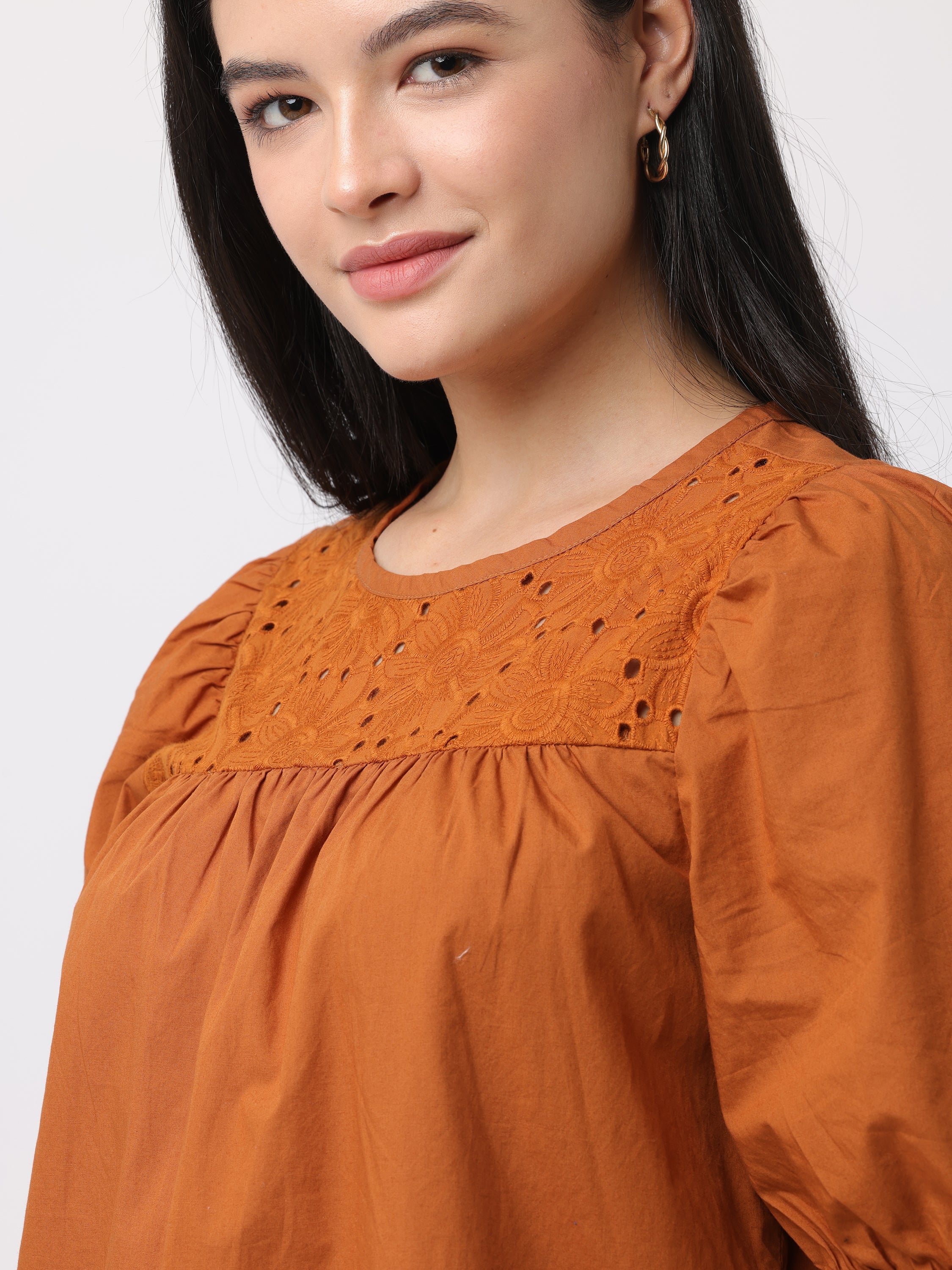 Women Brown Top with Shiffli Yoke