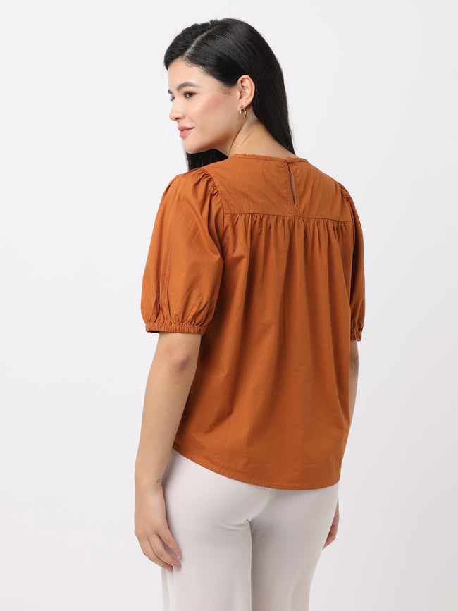 Women Brown Top with Schiffli Yoke