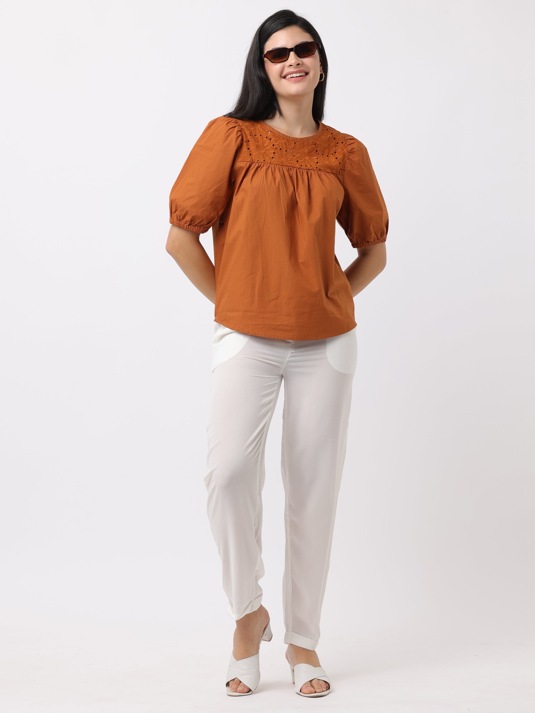 Women Brown Top with Shiffli Yoke