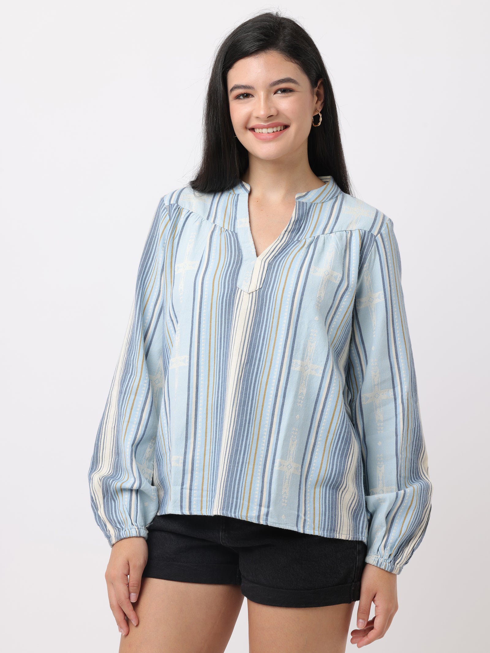 Women Blue & White Mandarin collar Top