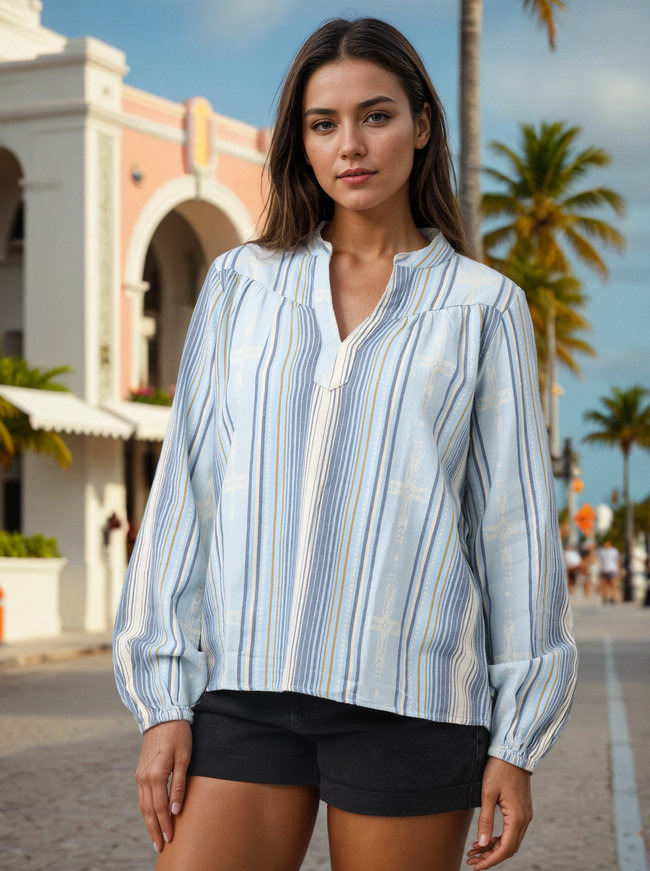 Women Blue & White Mandarin collar Top