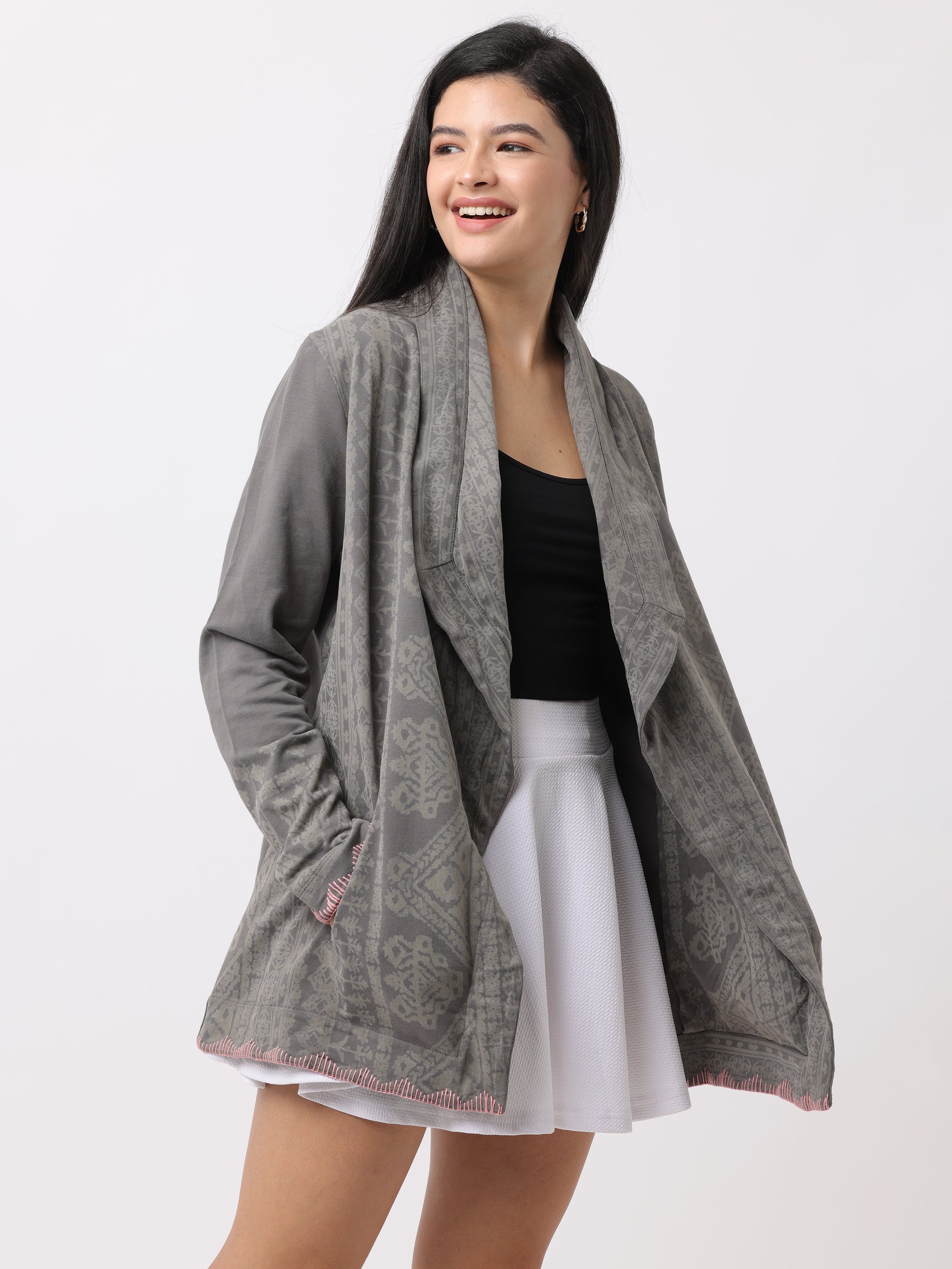 Women Grey Relaxed Fit Printed Shrug