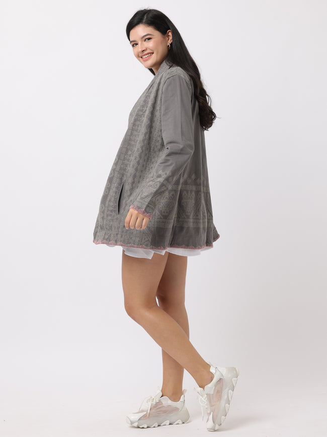 Women Grey Oversize Printed Shrug
