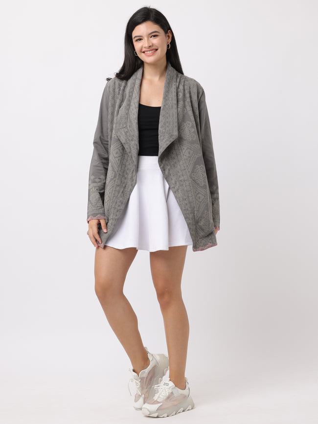 Women Grey Oversize Printed Shrug