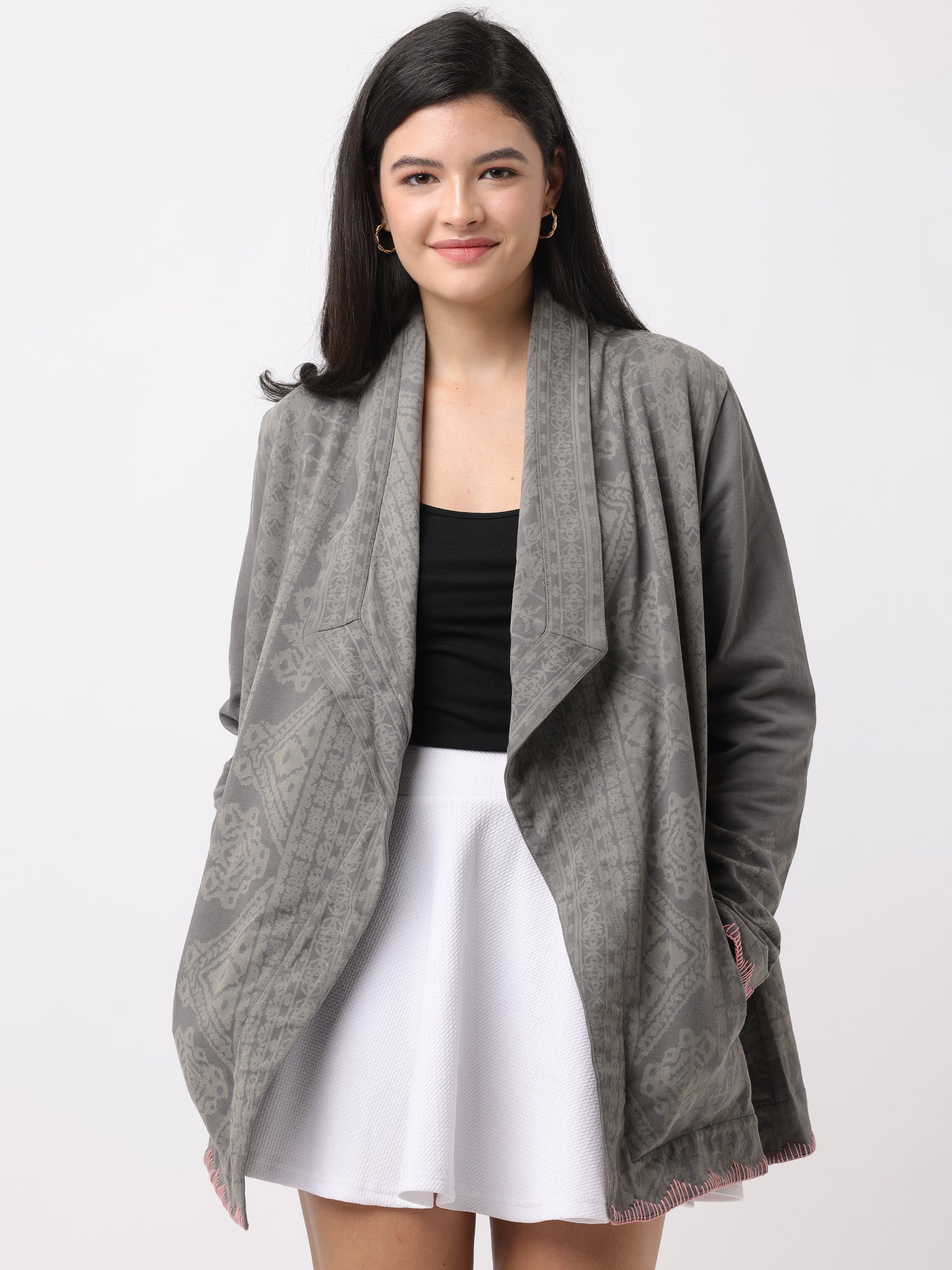 Women Grey Relaxed Fit Printed Shrug