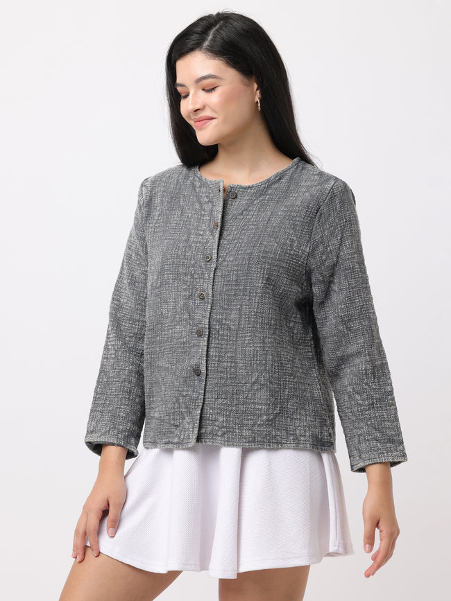 Women Grey Regular Fit Textured Jacket