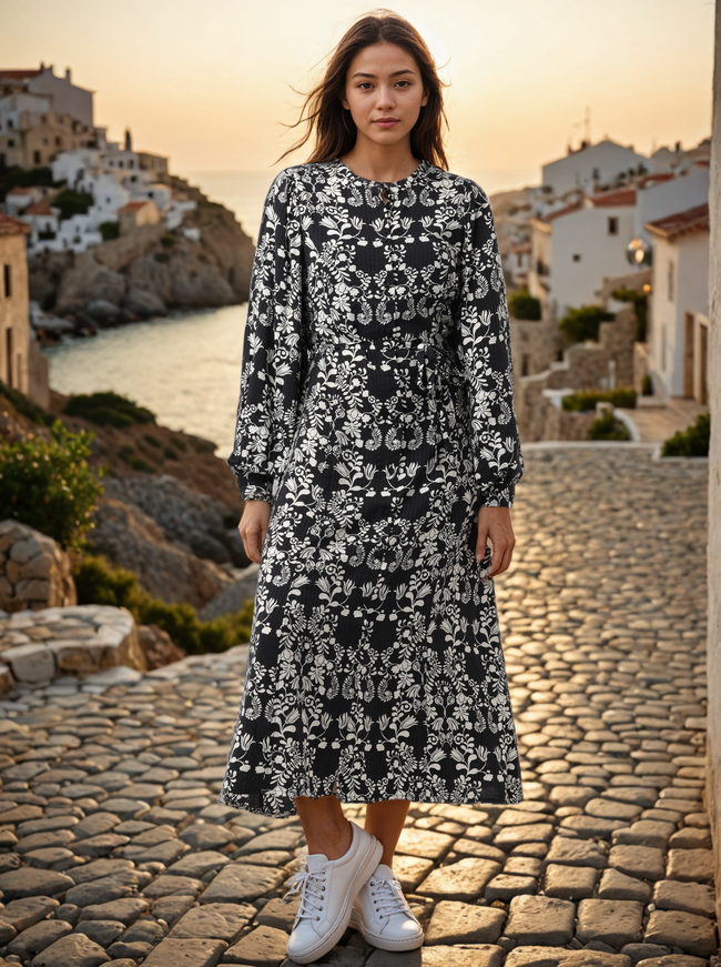 Women Black & White Printed Midi Dress