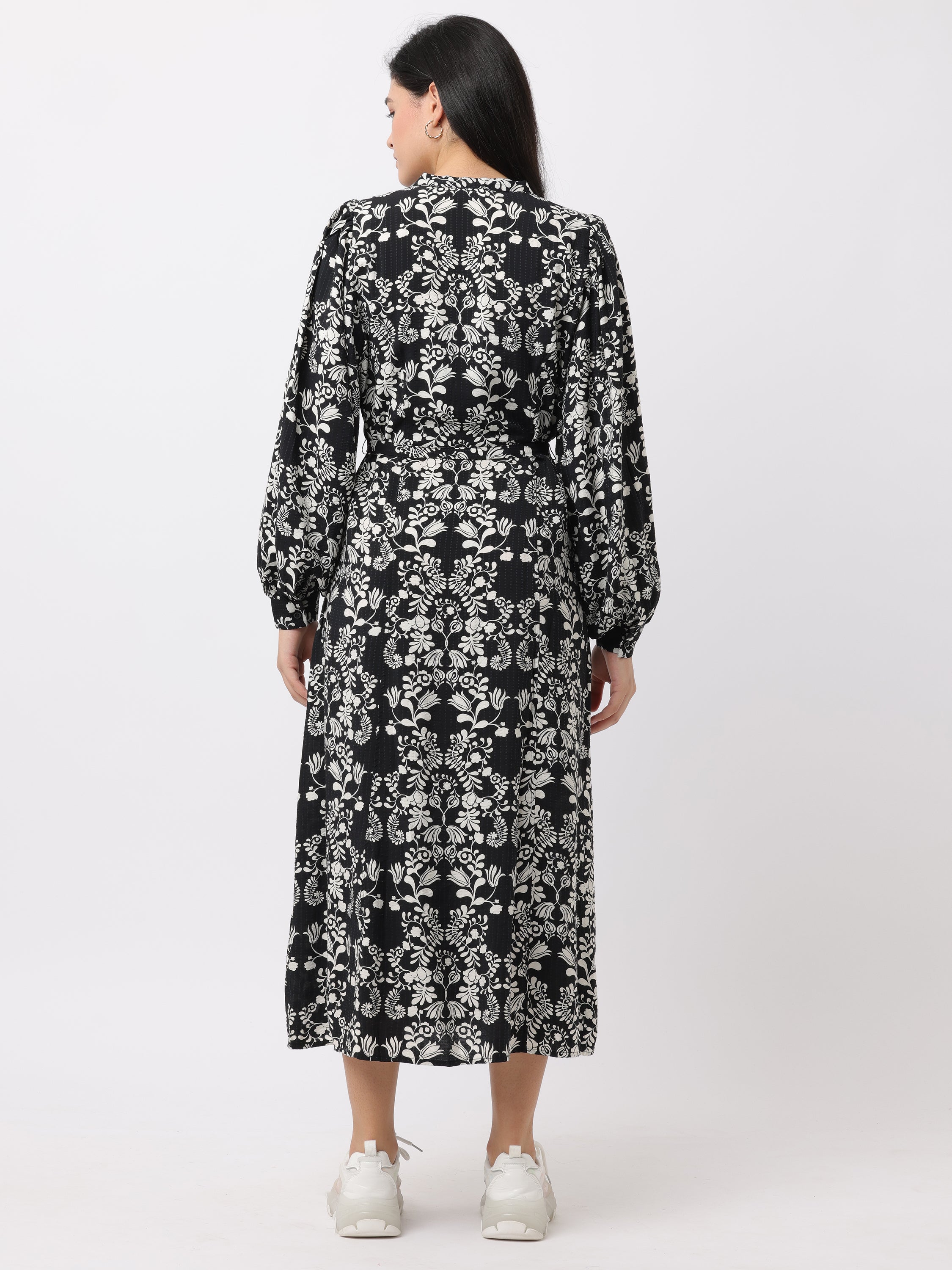 Women Black & White Printed Midi Dress