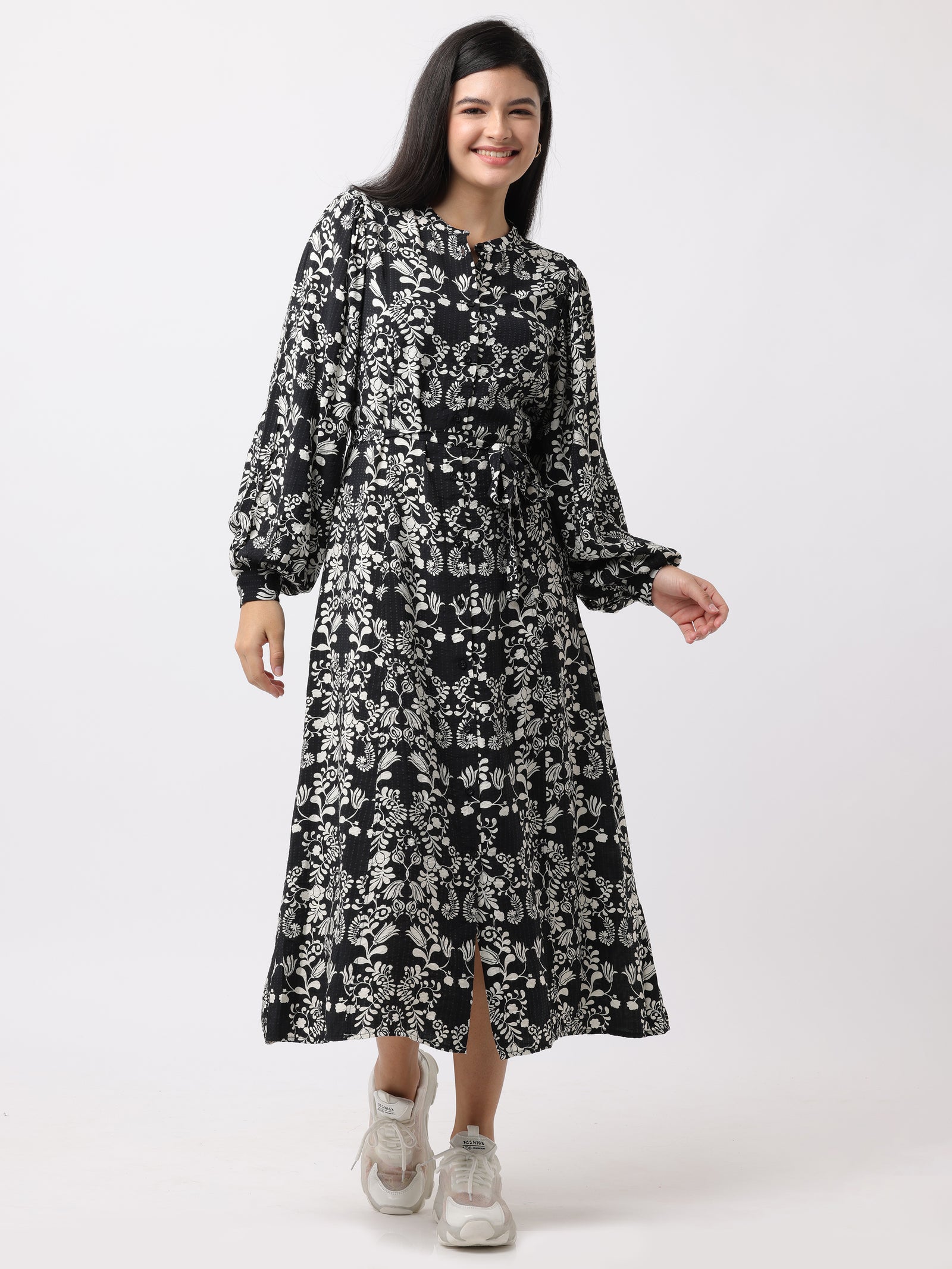 Women Black & White Printed Midi Dress