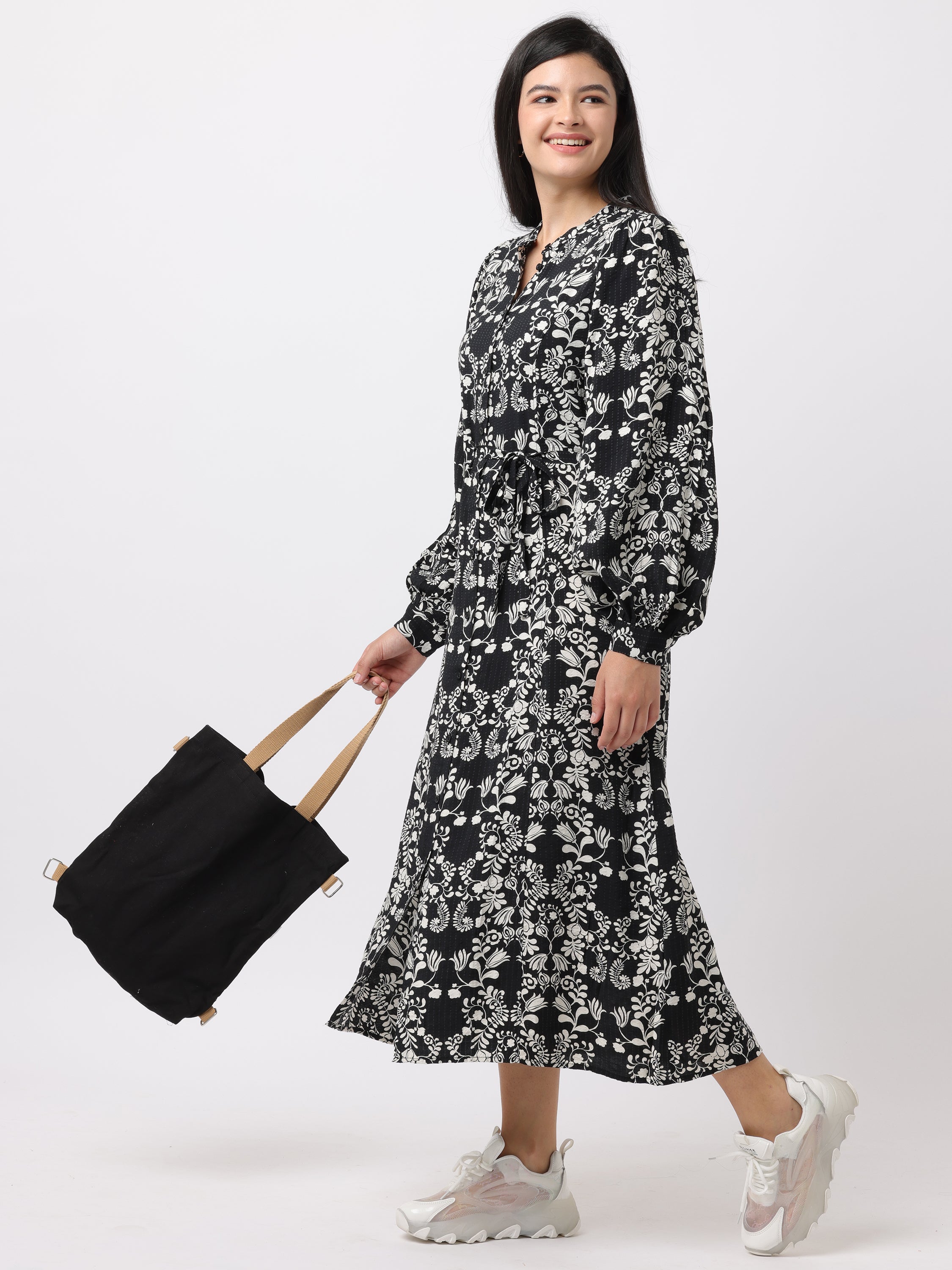 Women Black & White Printed Midi Dress