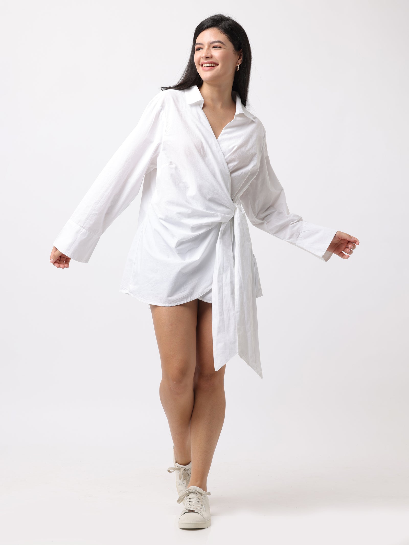 Women White Wrap Around Shirt Dress