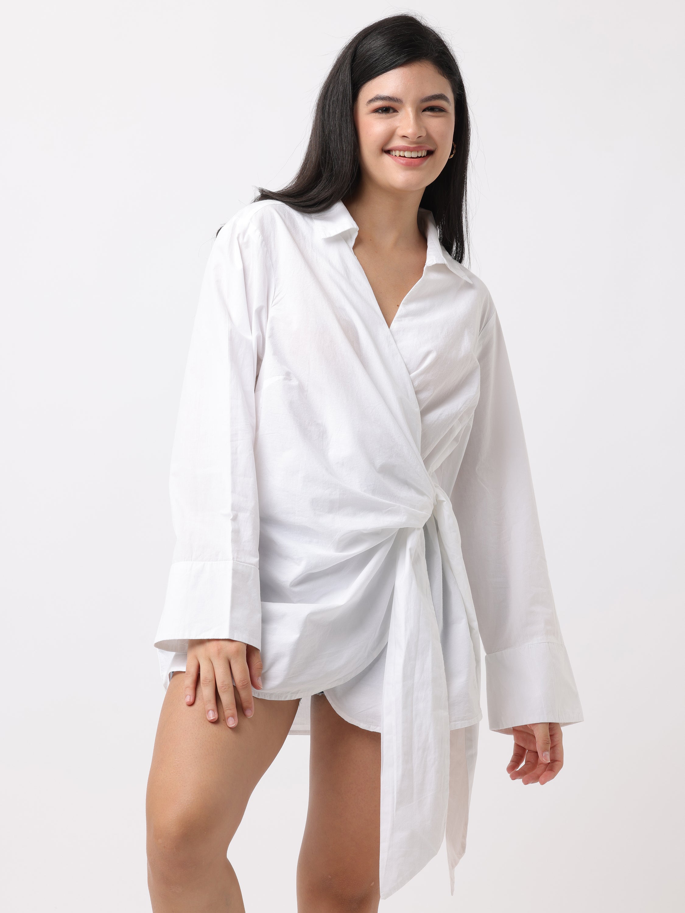 Women White Wrap Around Shirt Dress