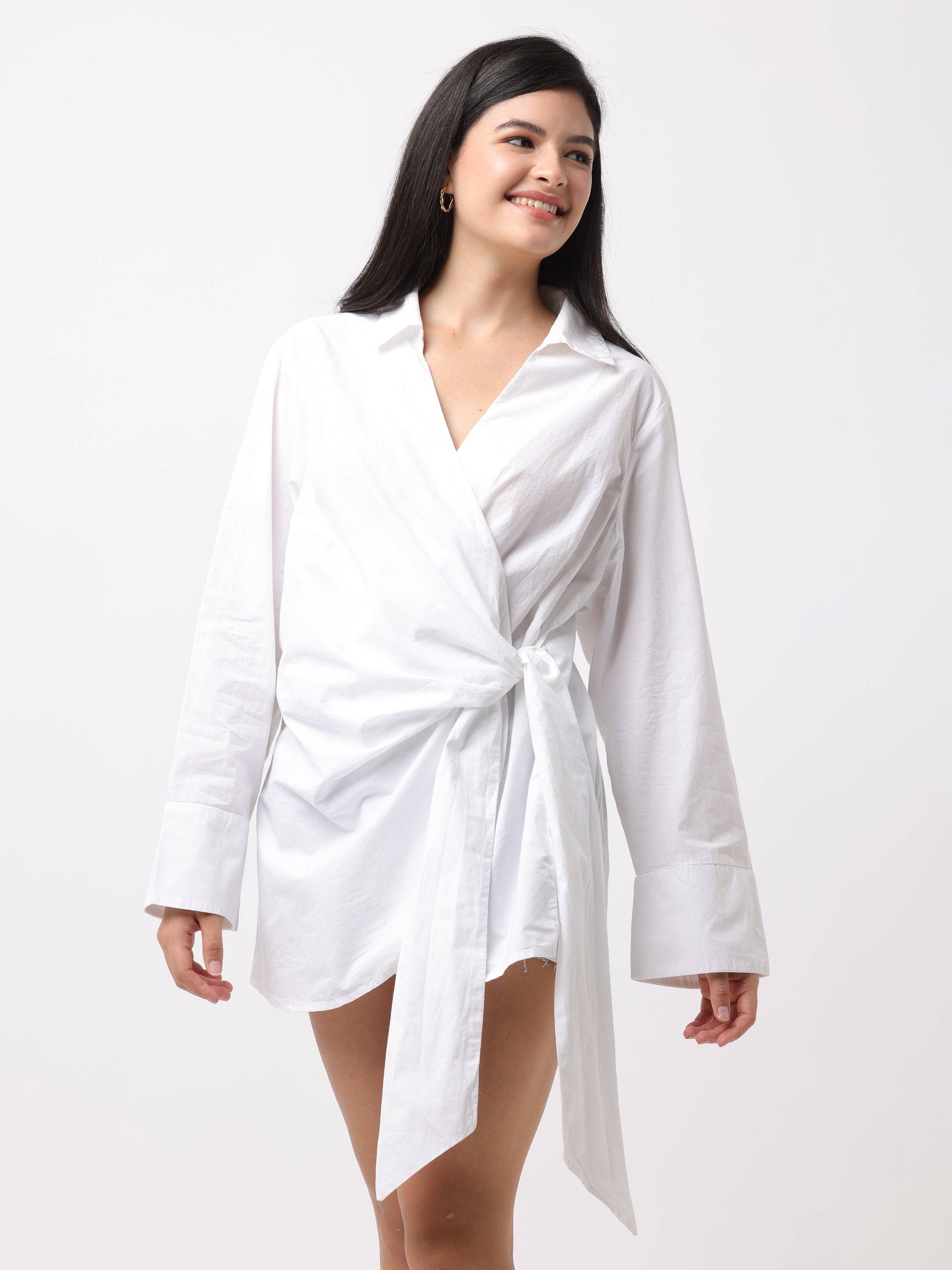 Women White Wrap Around Shirt Dress