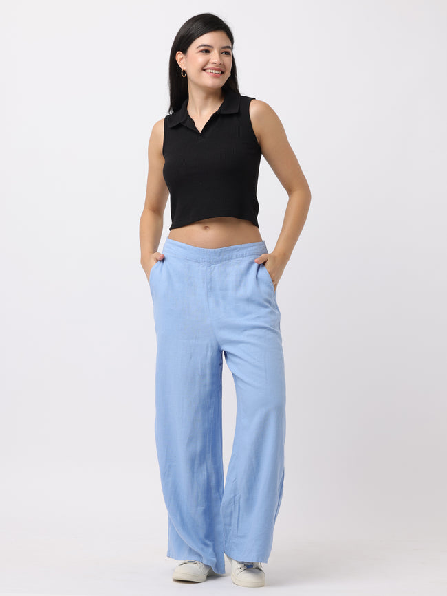 Women Blue Regular Fit Pants with Elastic Waist