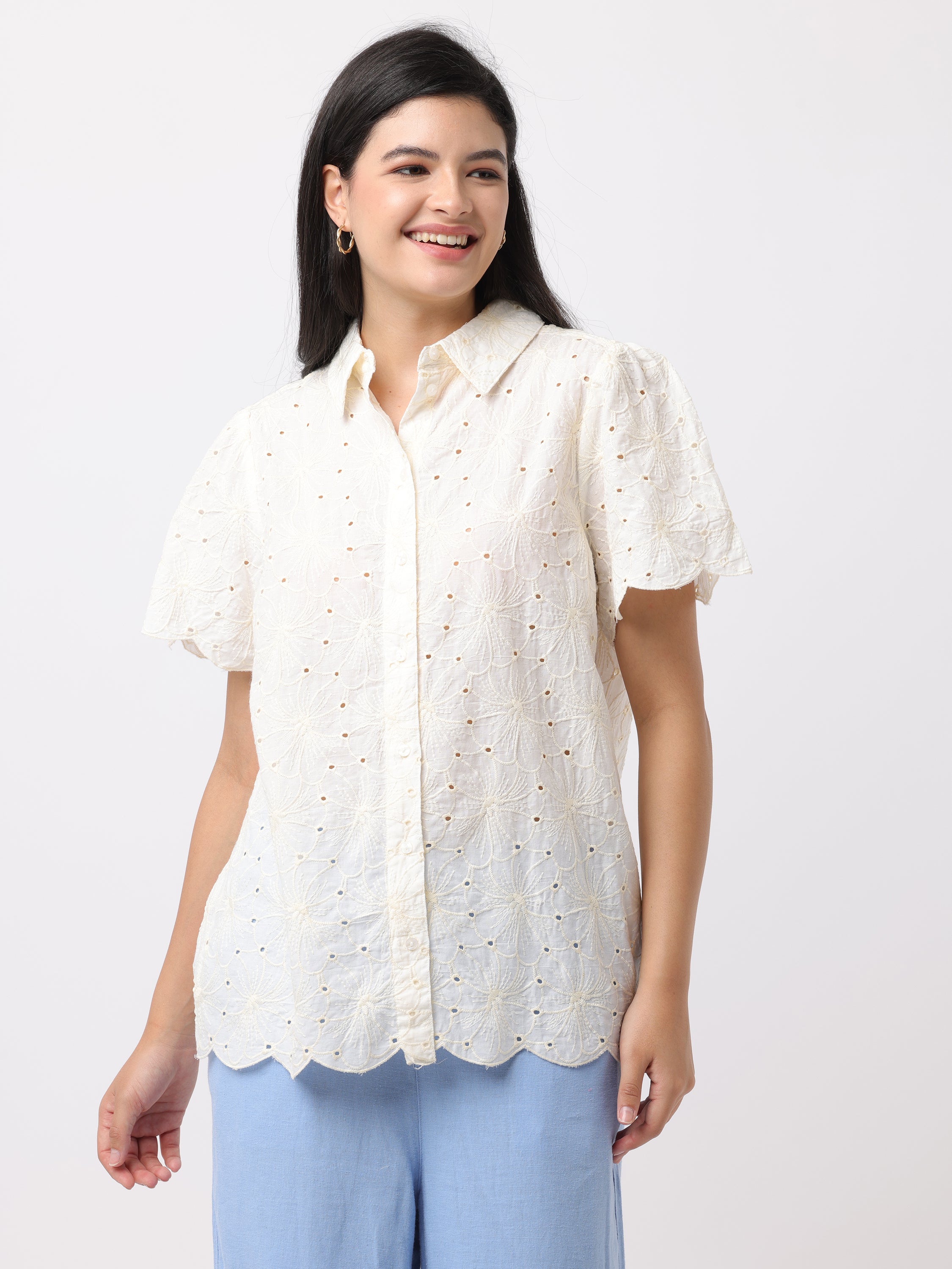 Women Cream Floral Shiffli Top