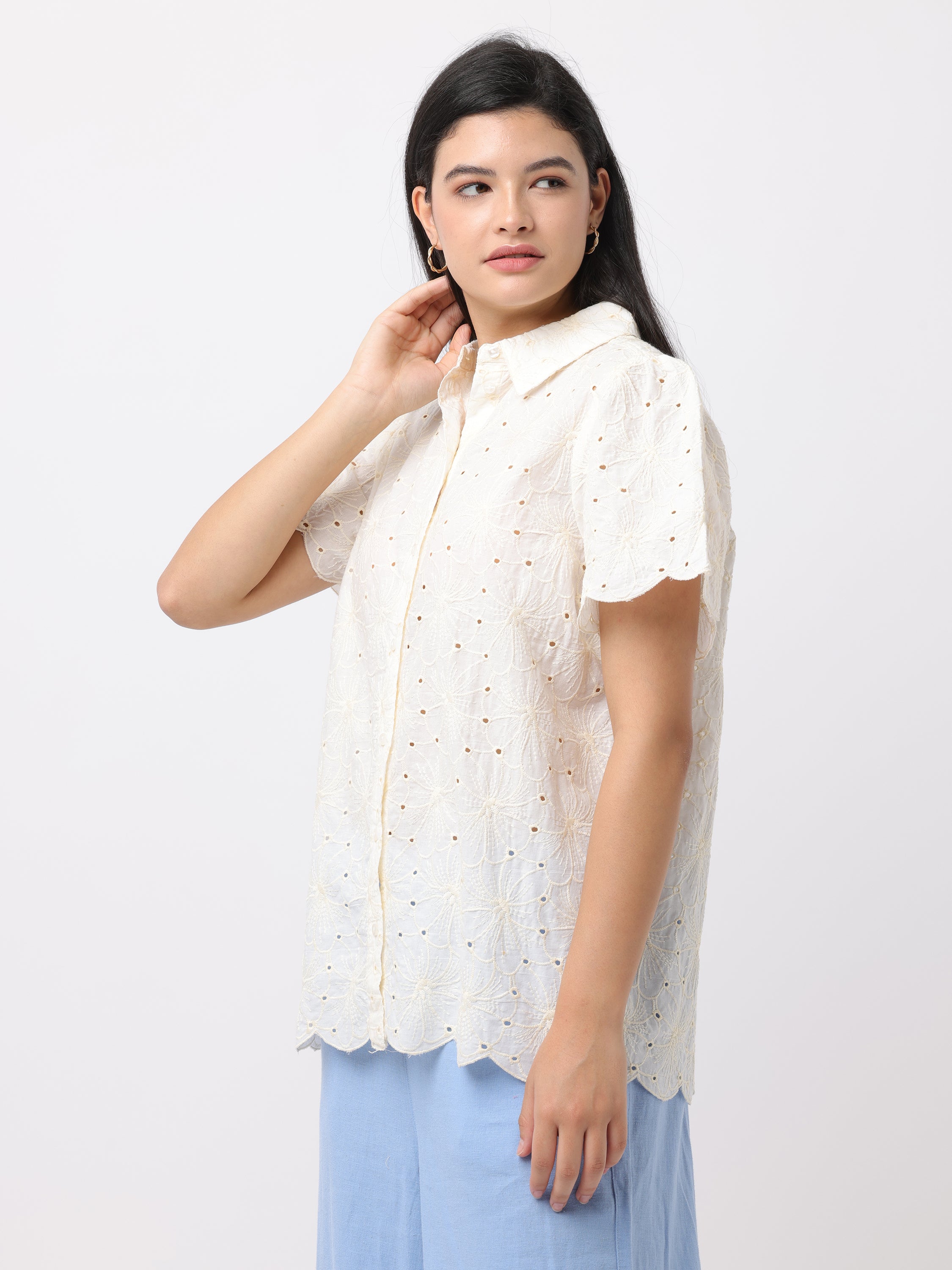 Women Cream Floral Shiffli Top