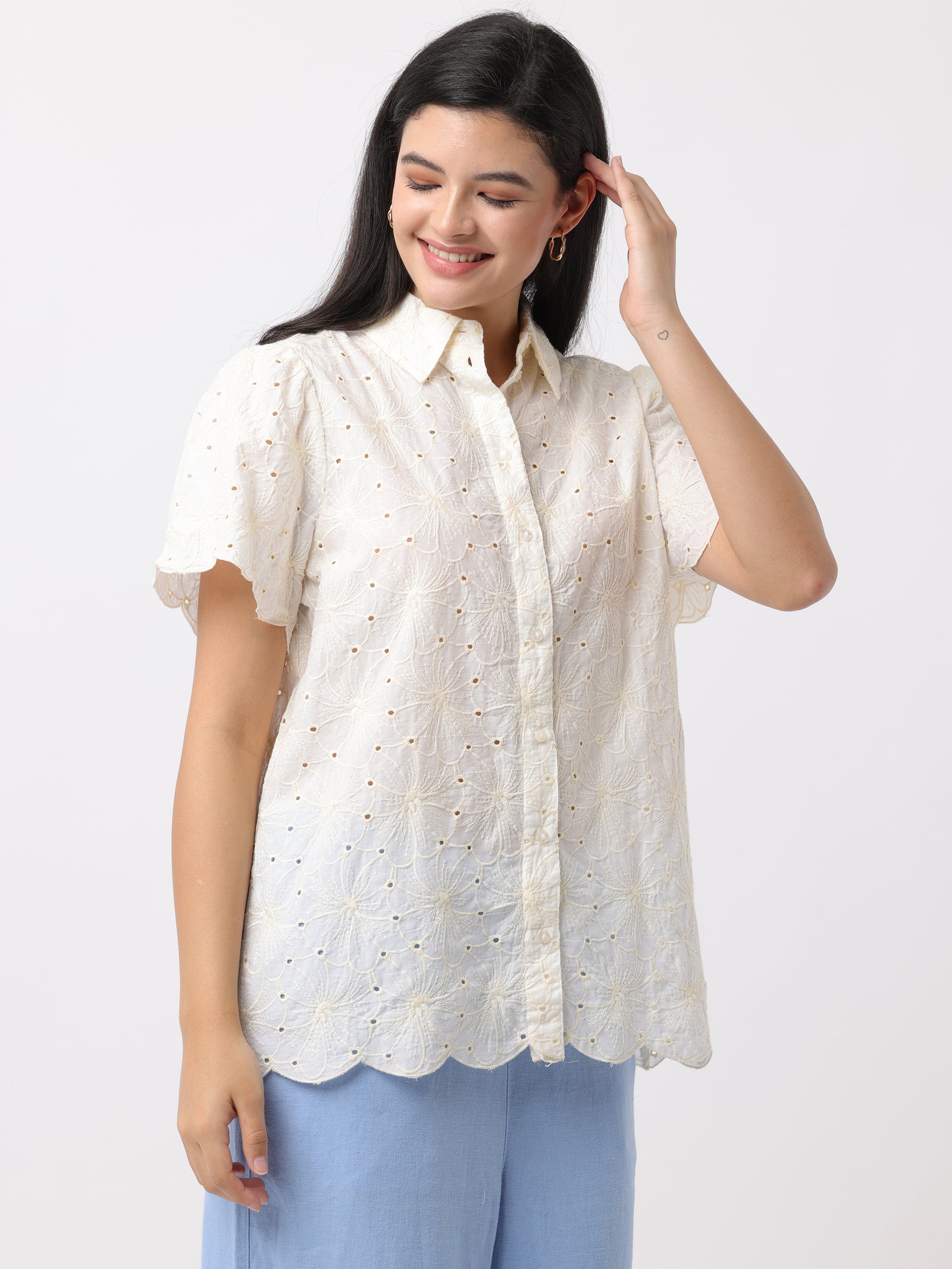 Women Cream Floral Shiffli Top