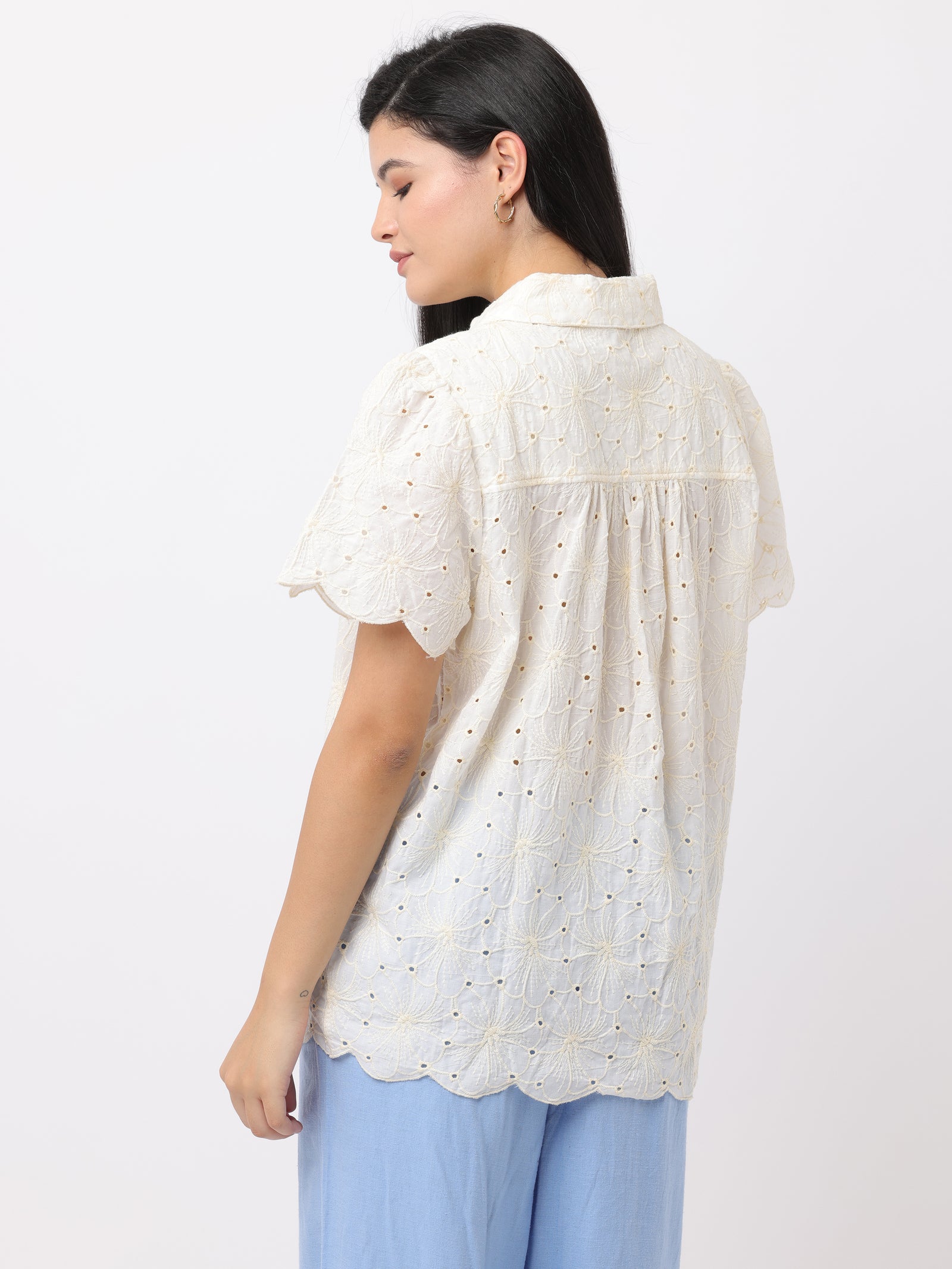 Women Cream Floral Shiffli Top