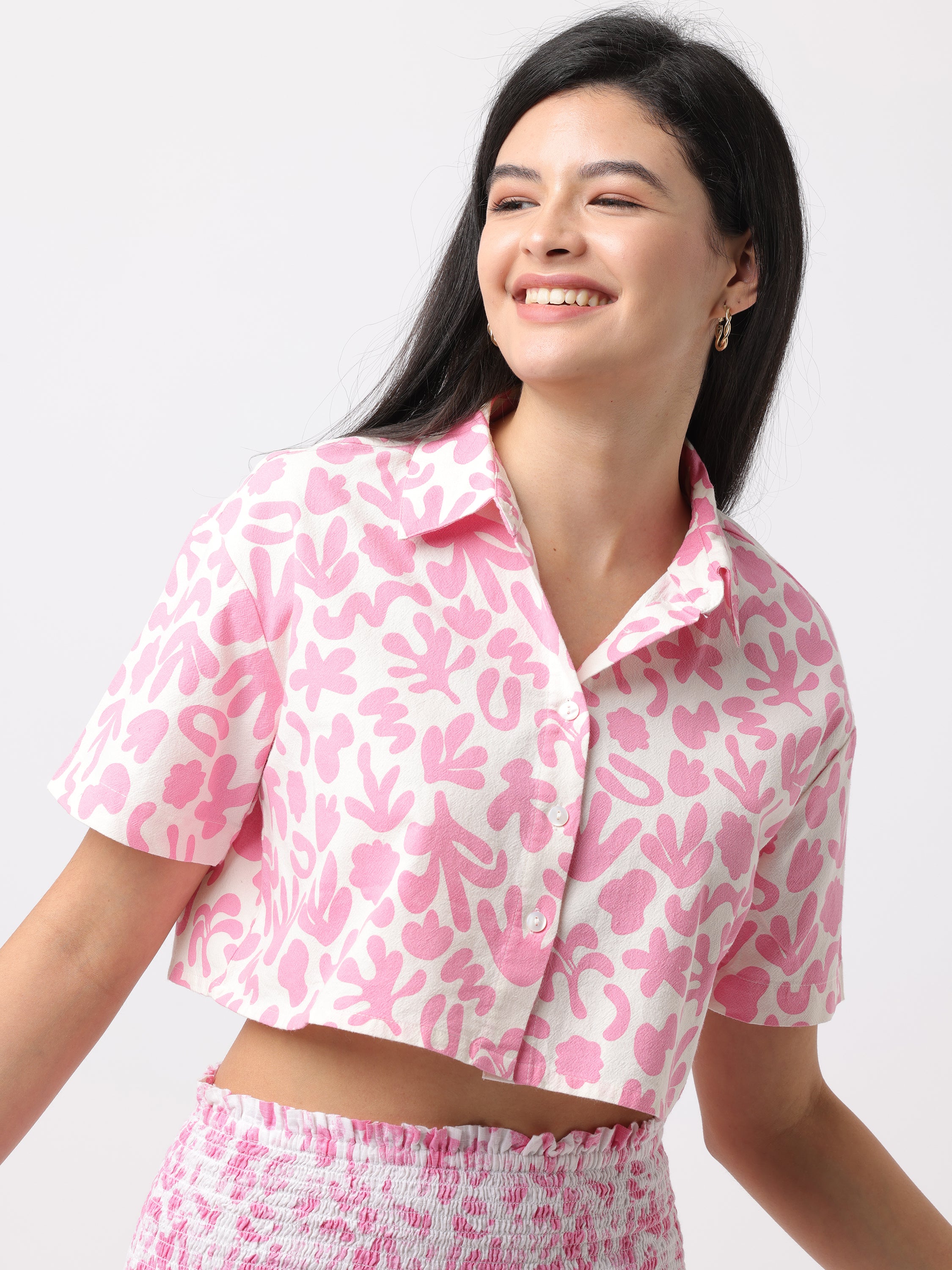 Women Pink Abstract Crop Shirt