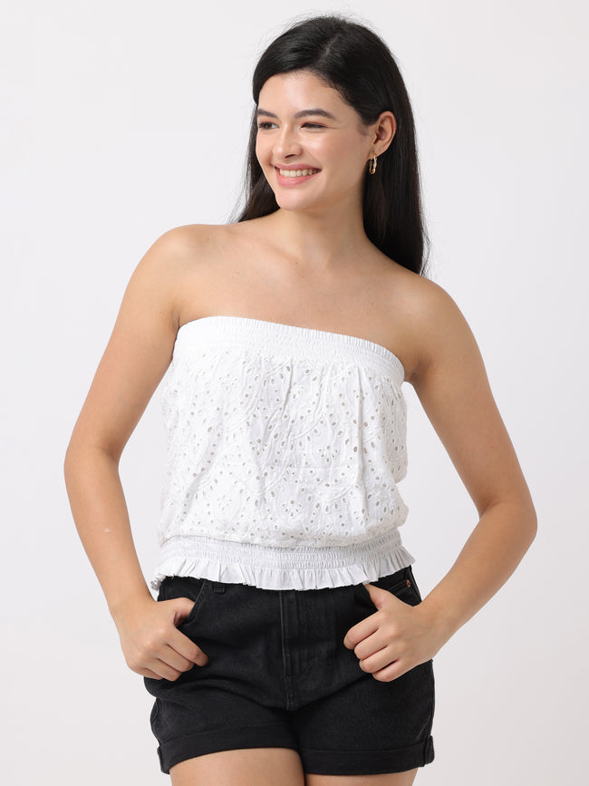 Women White Slim Fit Schiffli Top