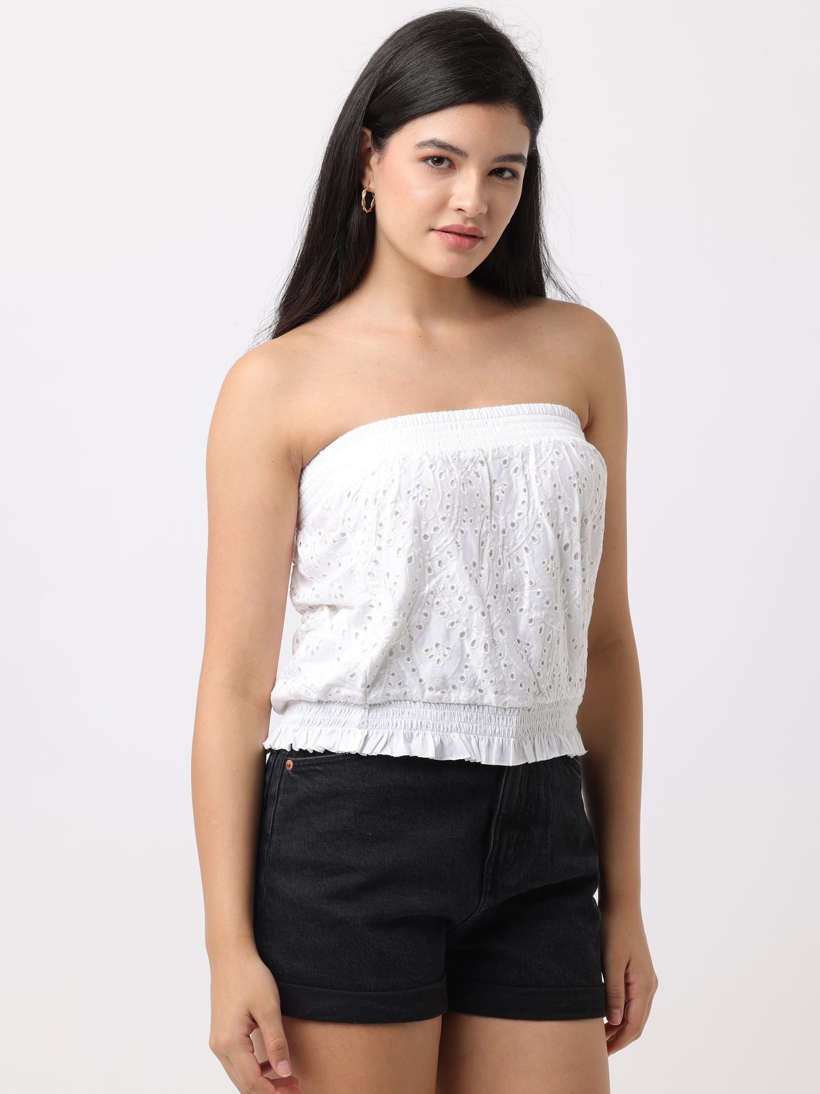 Women White Slim Fit Shiffli Top