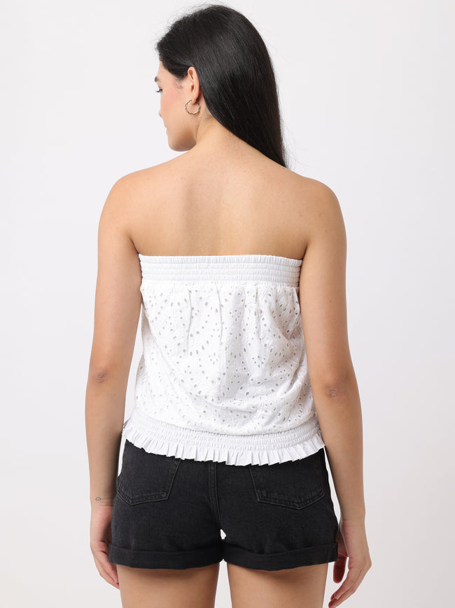 Women White Slim Fit Schiffli Top