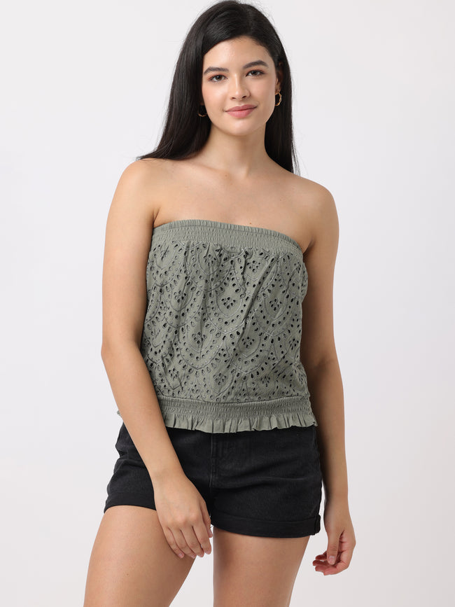 Women Green Schiffli Tube Top