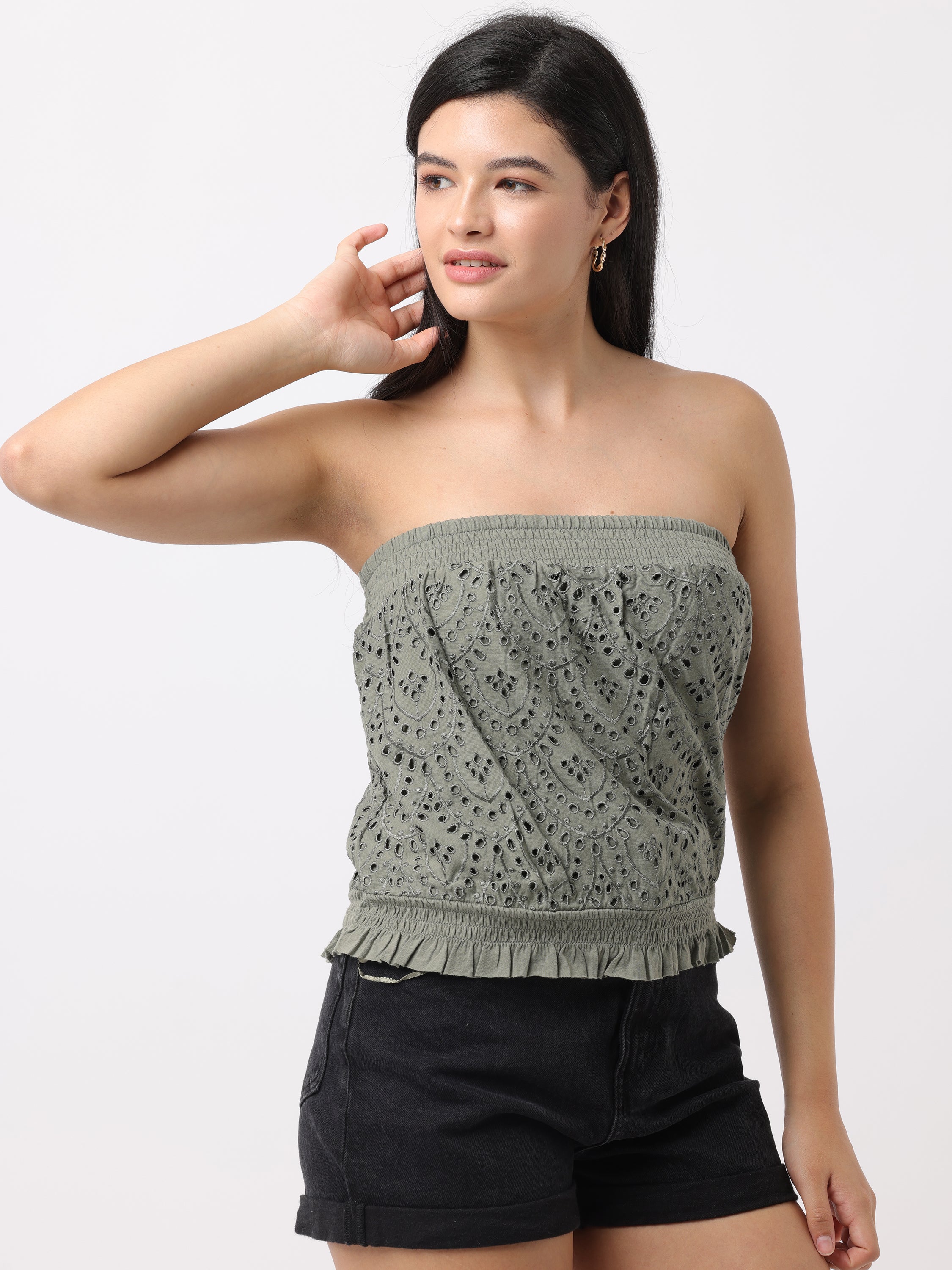 Women Green Slim Fit Shiffli Top