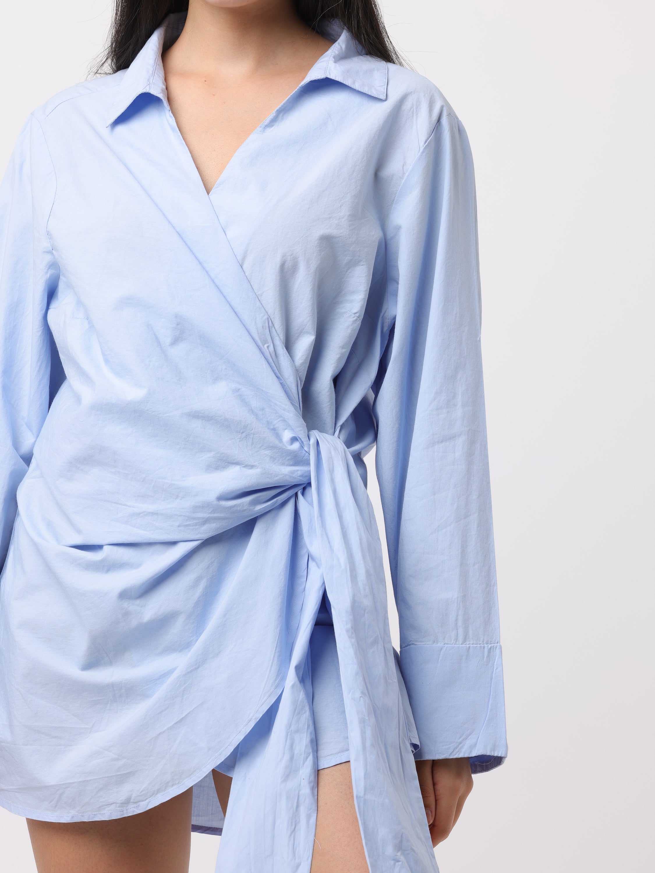 Women Blue Wrap Around Shirt Dress