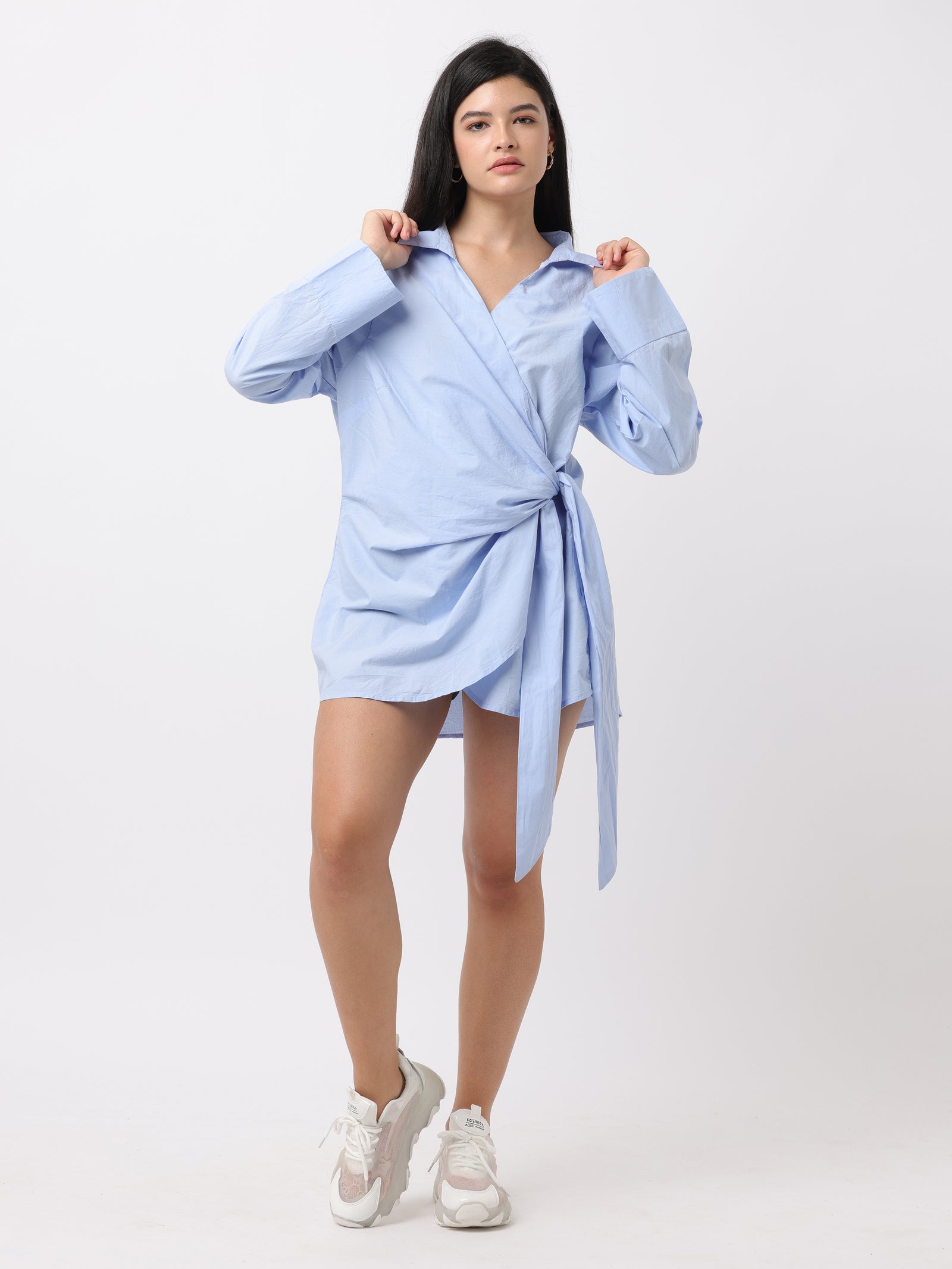 Women Blue Wrap Around Shirt Dress