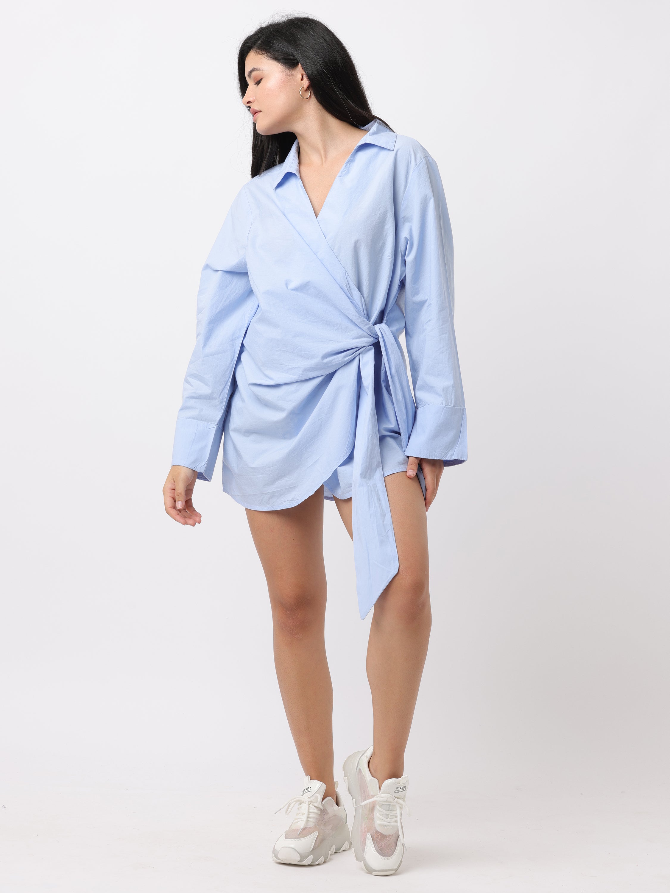 Women Blue Wrap Around Shirt Dress