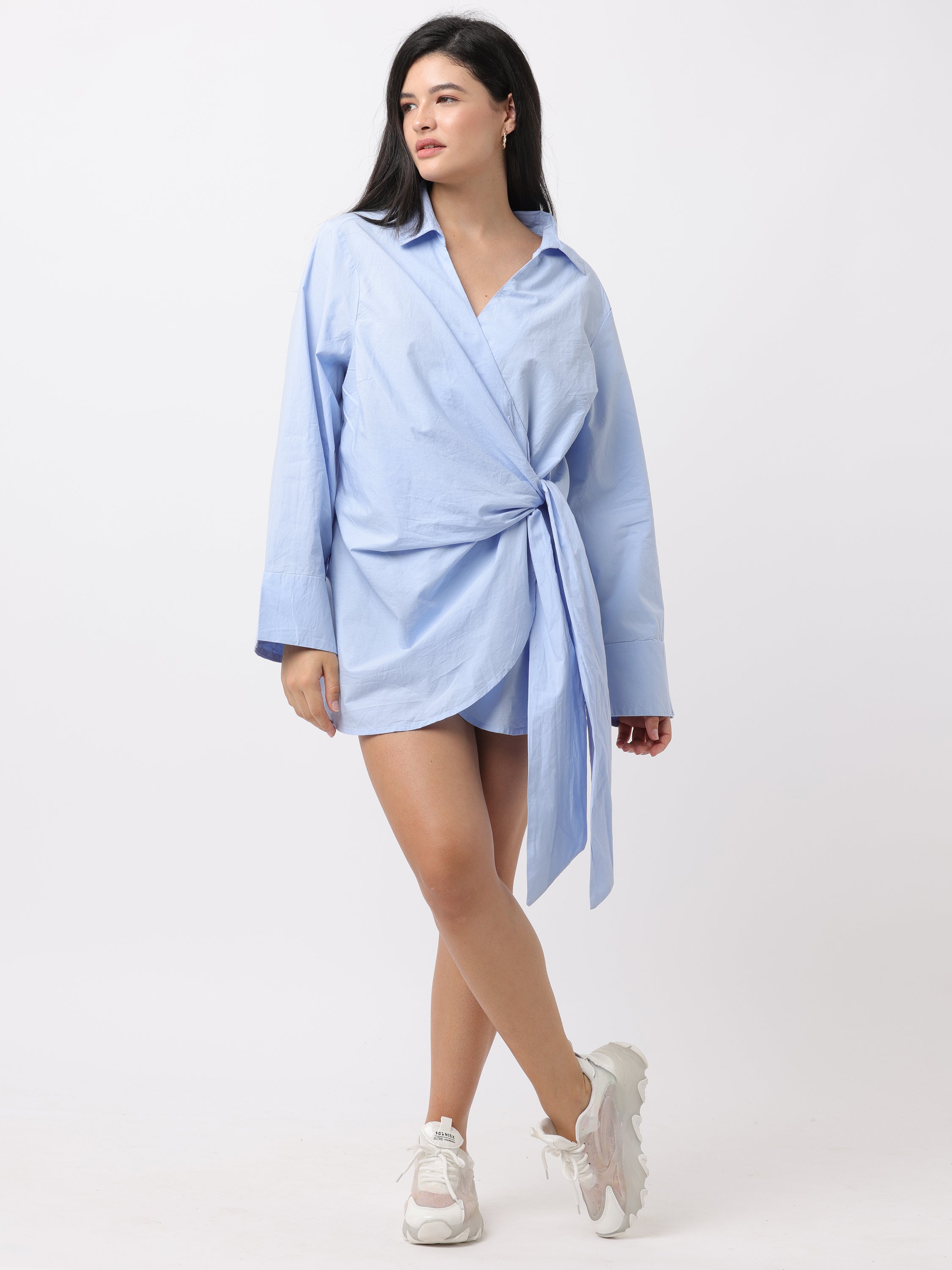 Women Blue Wrap Around Shirt Dress