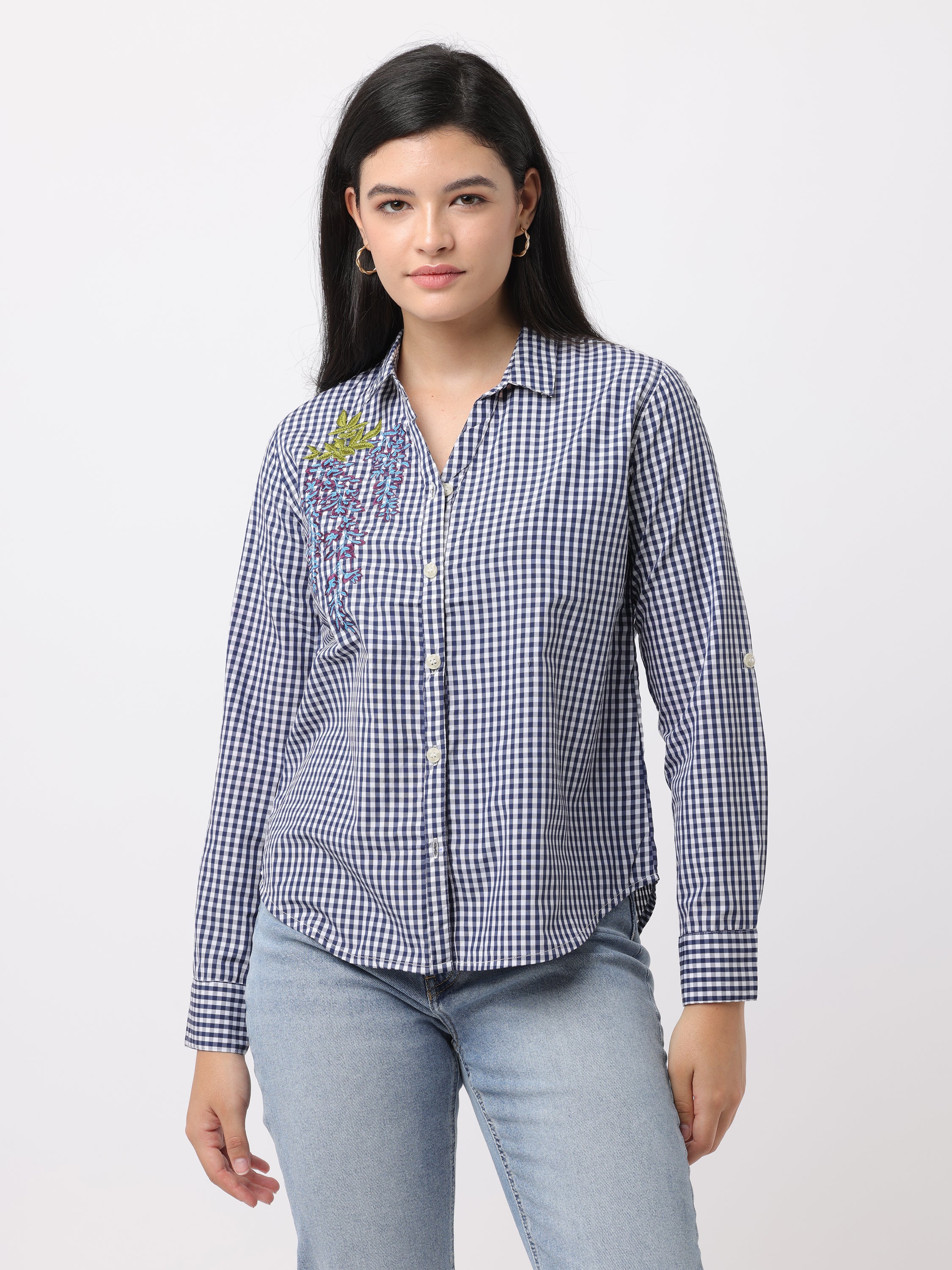 Women Blue Regular Fit Checked Shirt