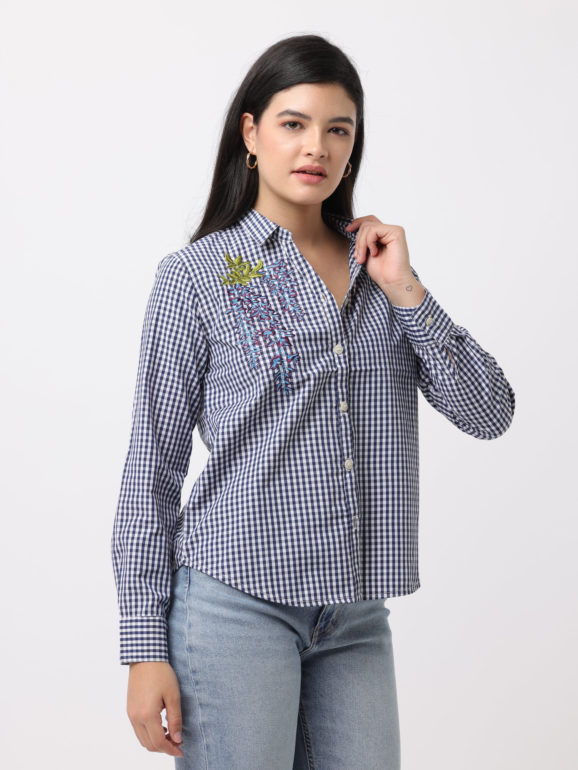 Women Blue Regular Fit Checked Shirt