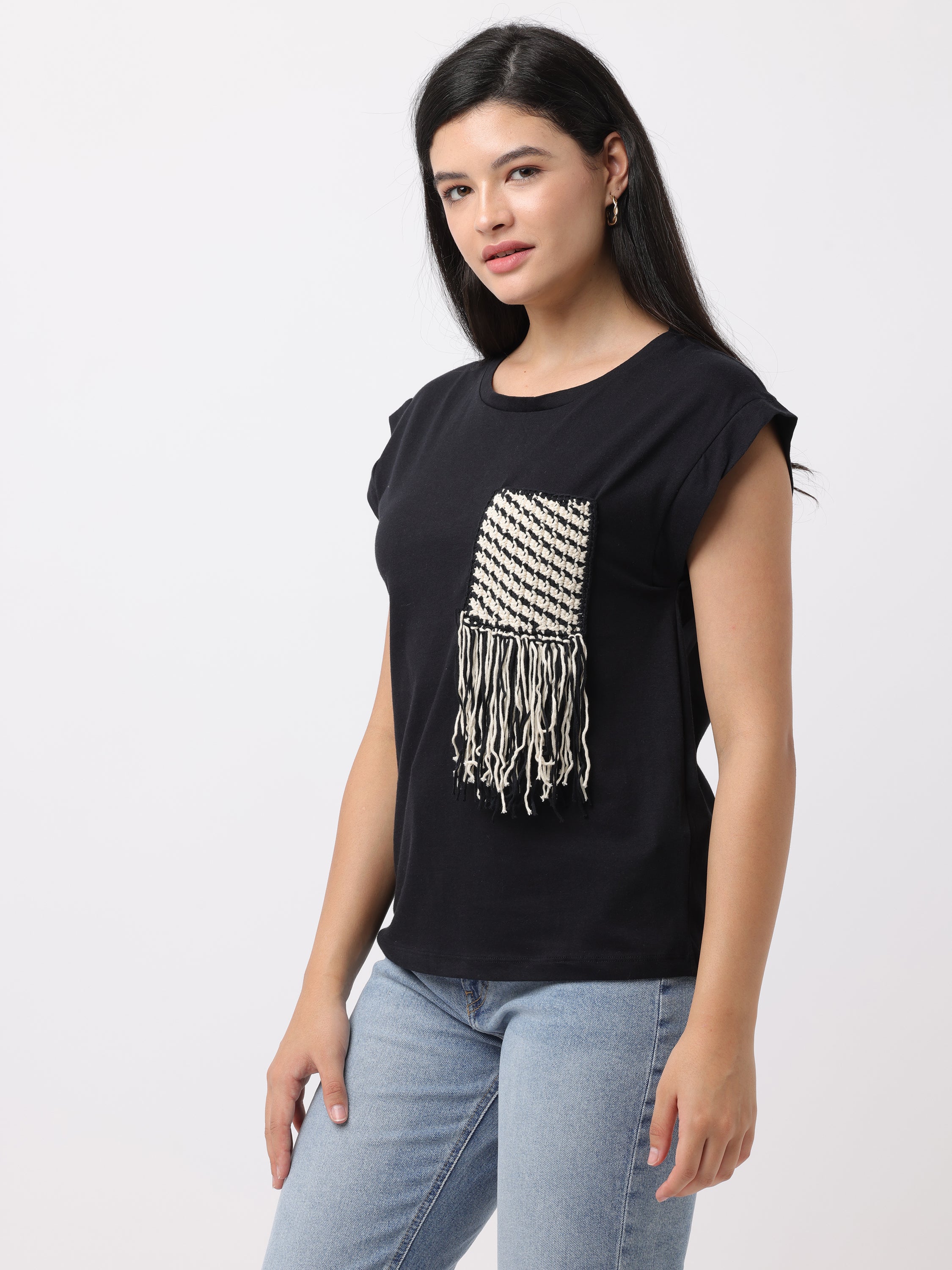 Women Black Regular Fit Crochet Top