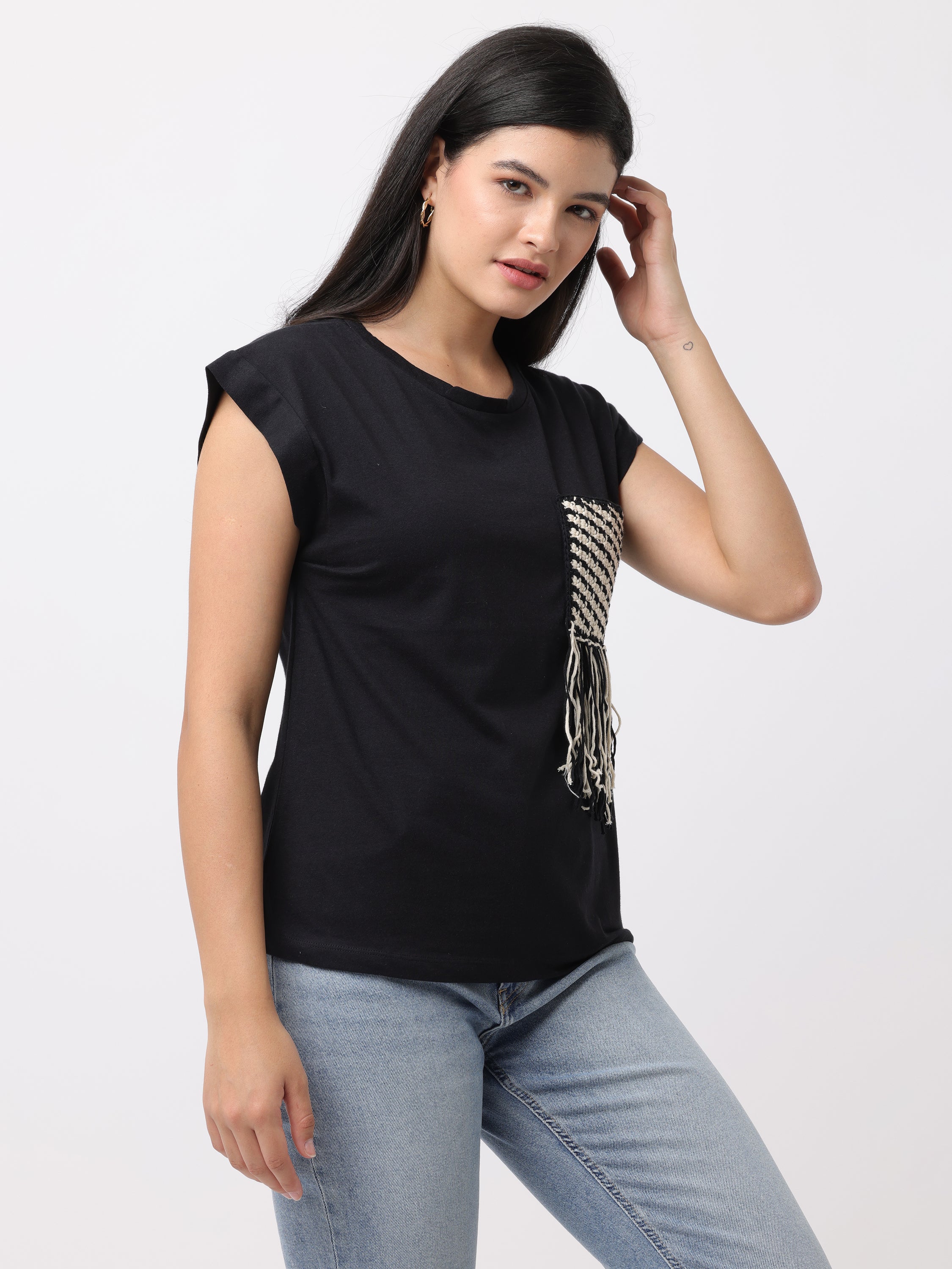 Women Black Regular Fit Crochet Top