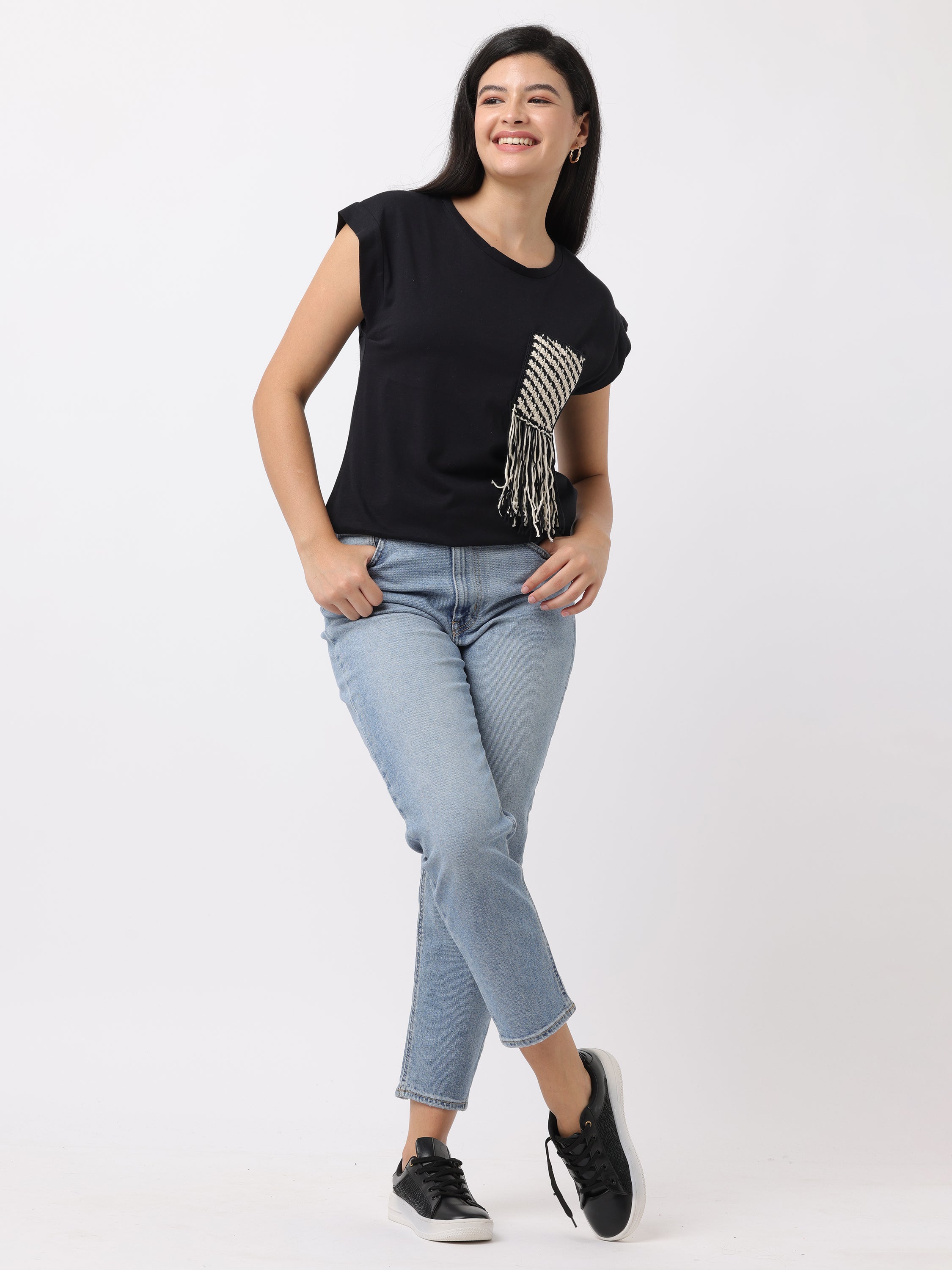 Women Black Regular Fit Crochet Top