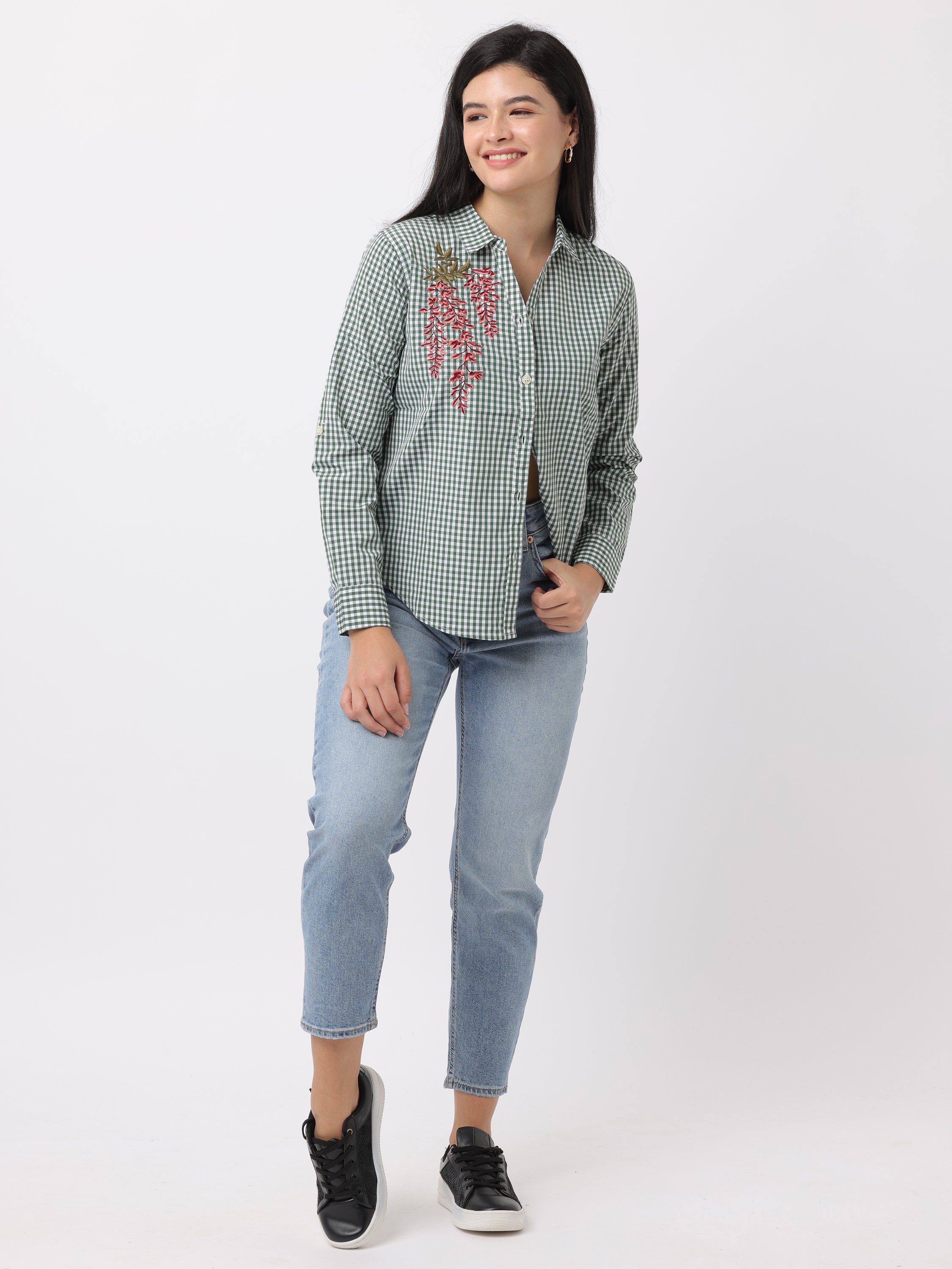 Women Green Regular Fit Checked Shirt