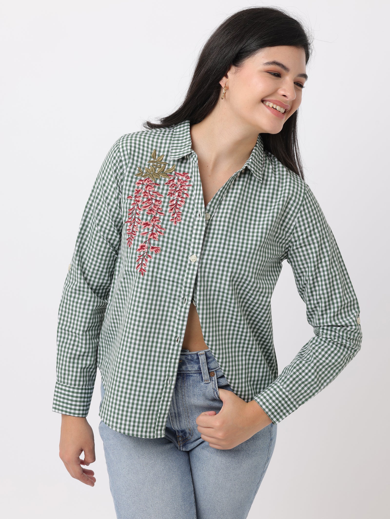 Women Green Regular Fit Checked Shirt