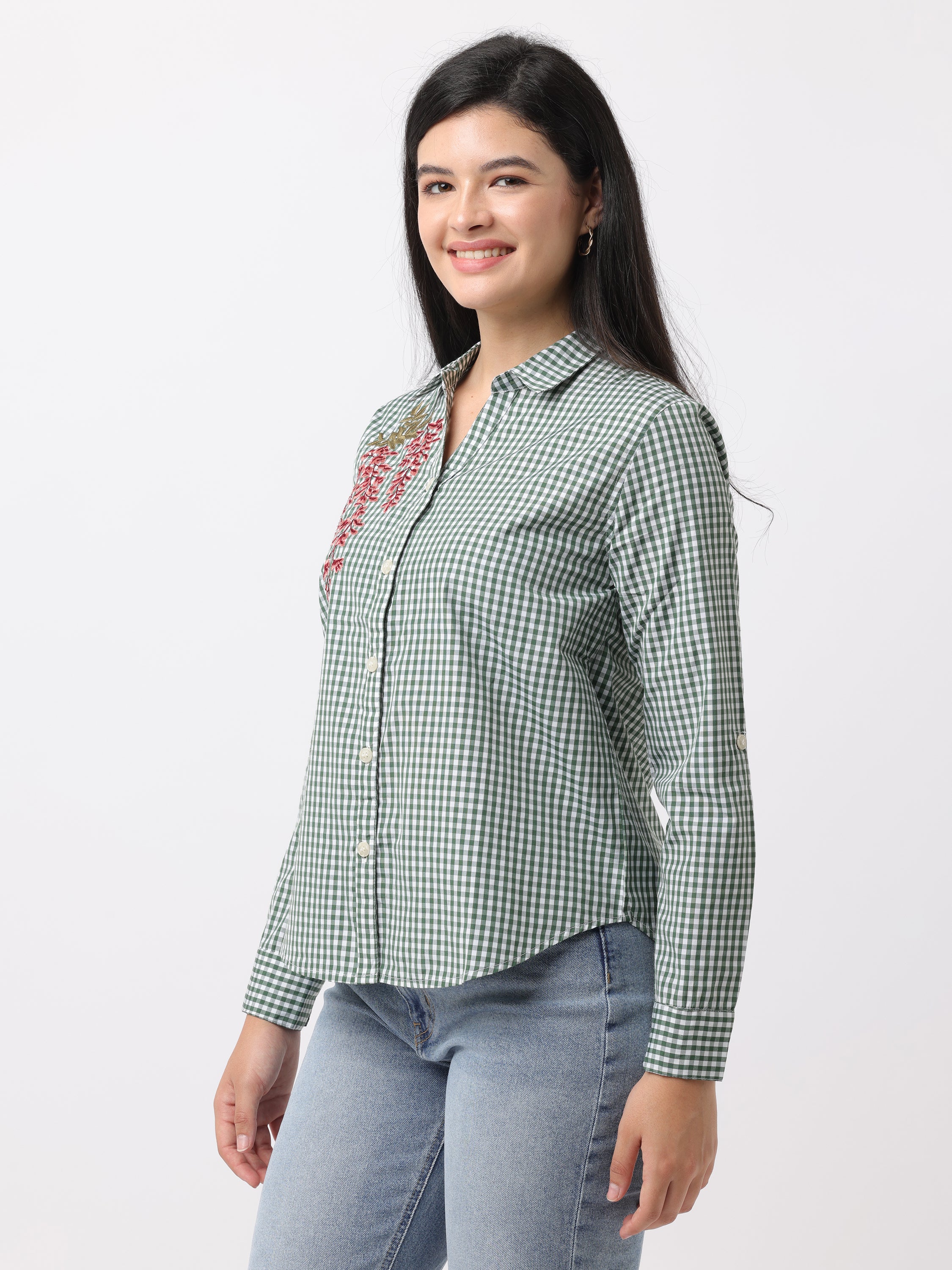 Women Green Regular Fit Checked Shirt