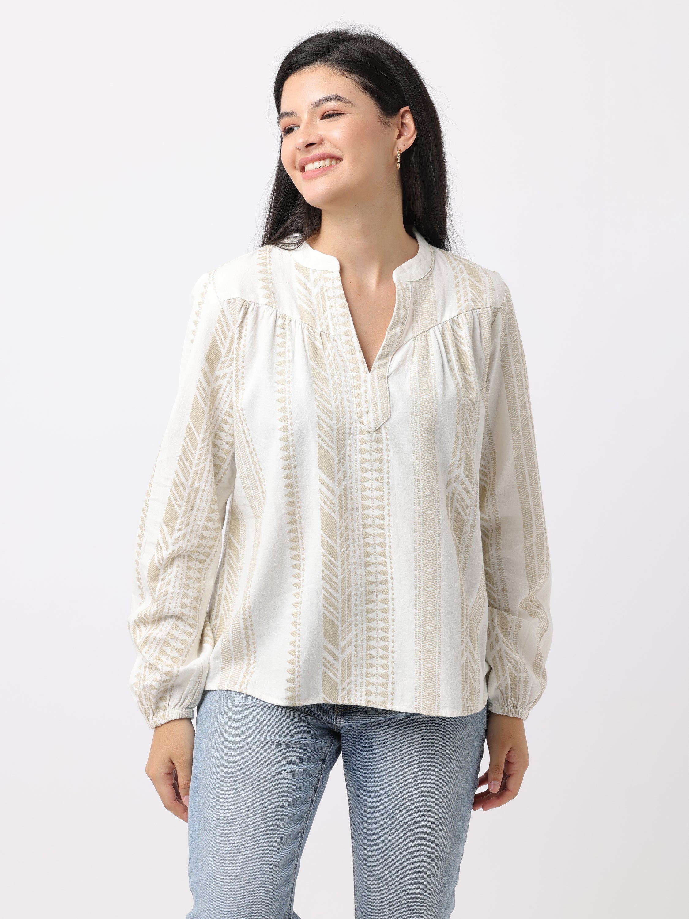 Women White & Beige Mandarin collar Top