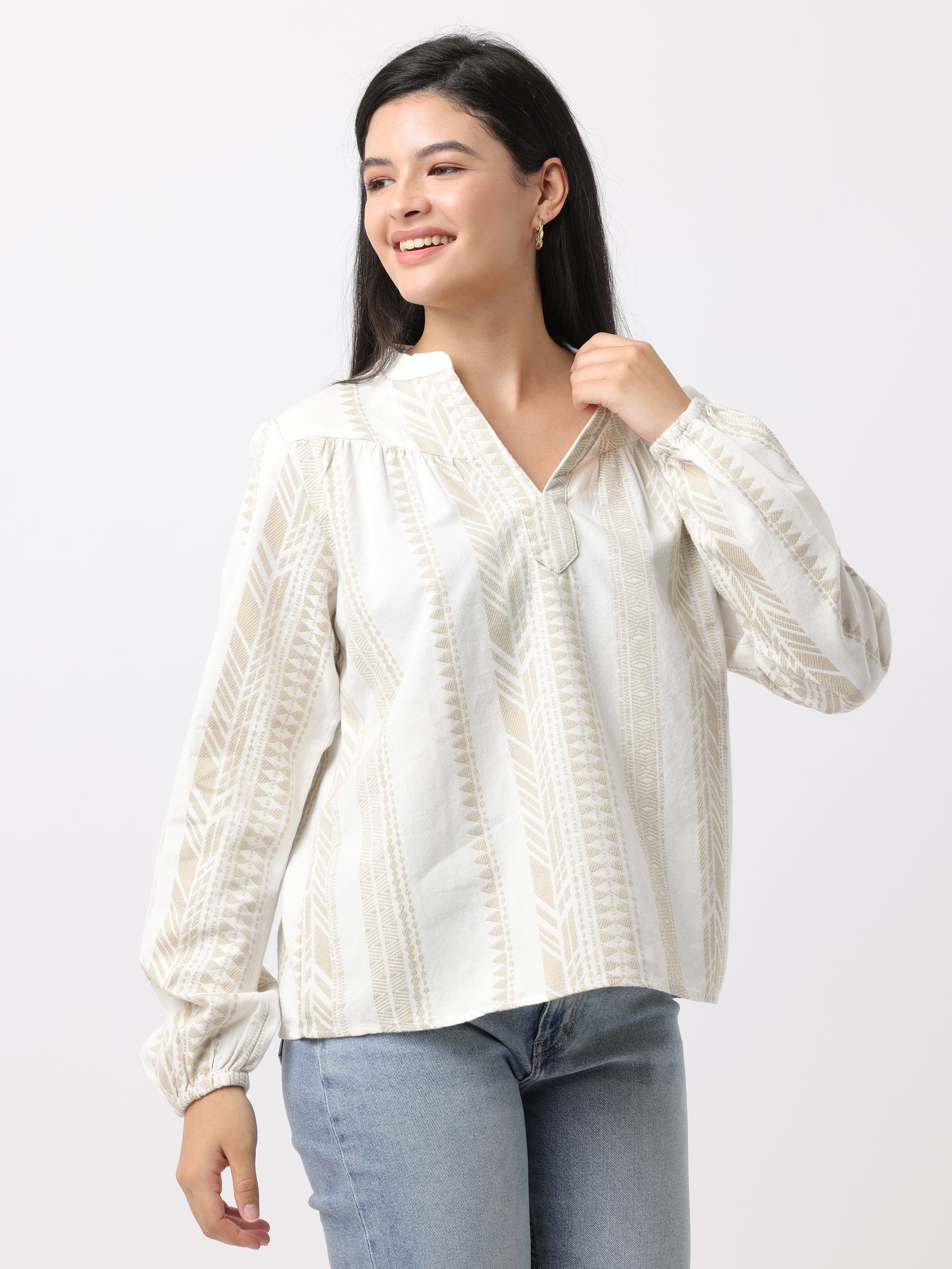 Women White & Beige Mandarin collar Top