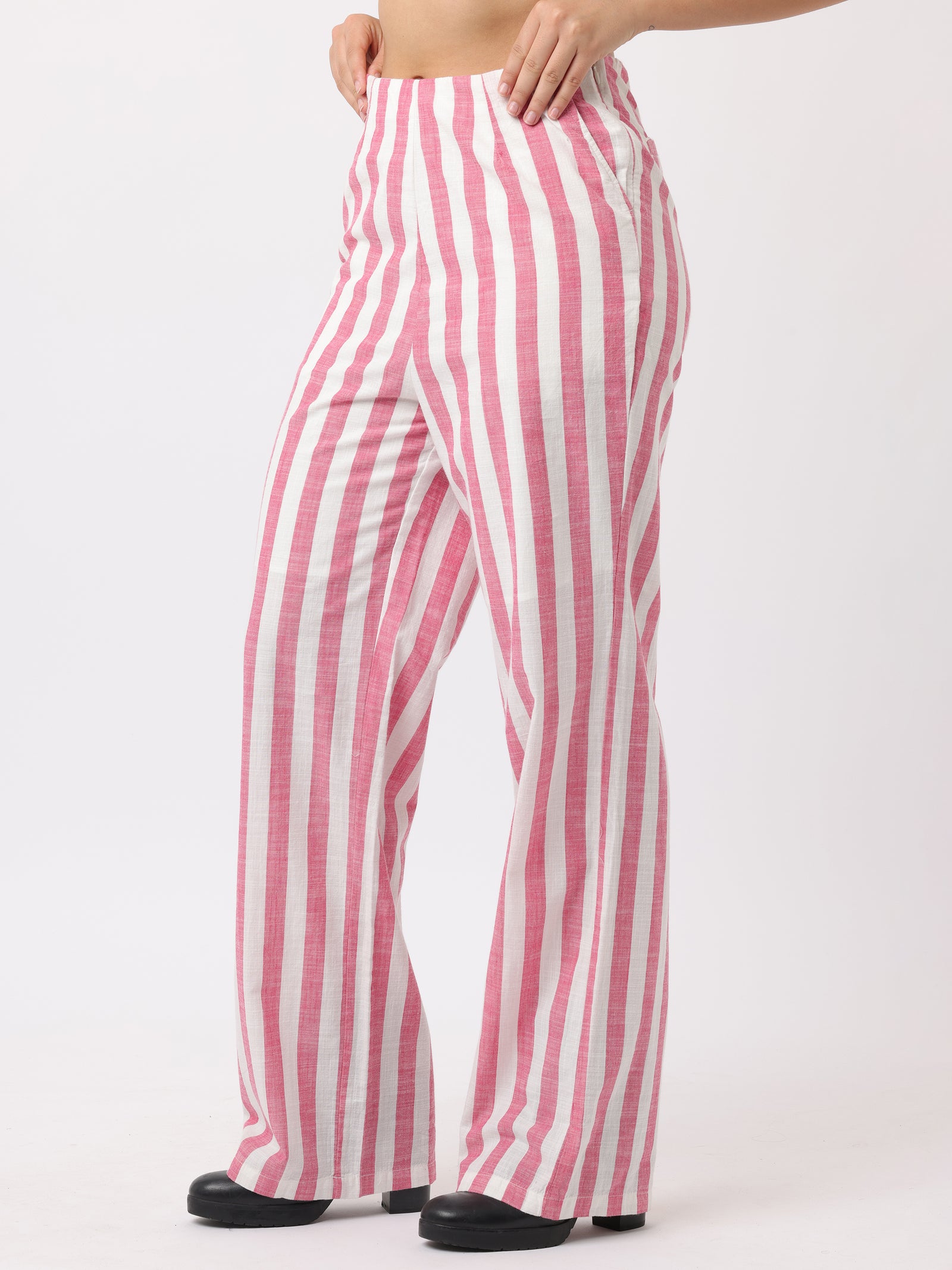 Women White and Pink Vertical Stipe Pants